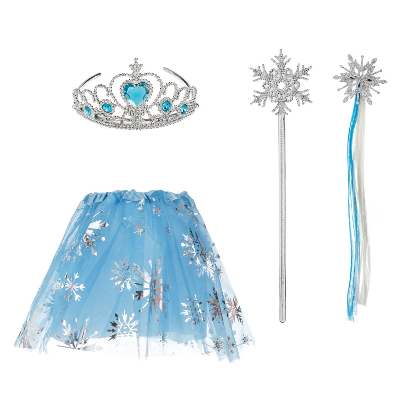 Set Deghizare cu Fusta Tutu Bleu Fulgi din Folie Argintie Coronita Bagheta & Clama - 4 piese