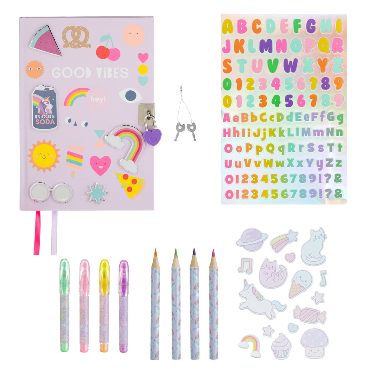 Set Scoala Carnetel Pix Creioane Colorate Autocolante Lila "Good vibes" - 11buc