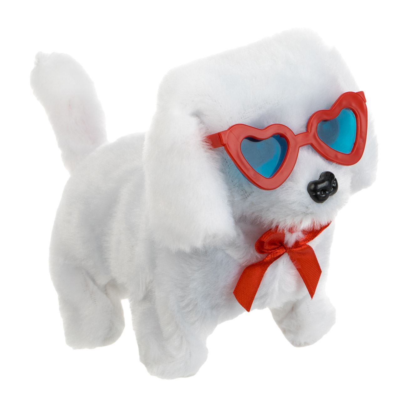 Caine Interactiv Canis Alb cu Fundita Rosie Ochelari Inimi Miscare & Sunet 15cm