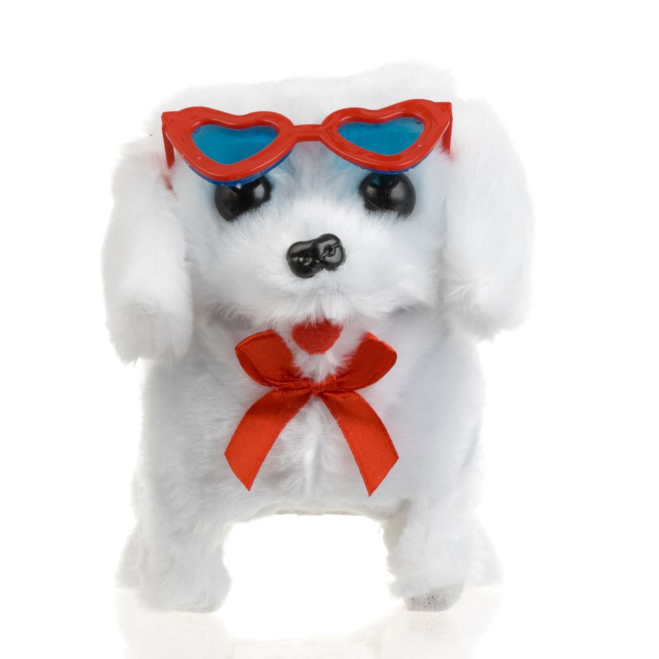 Caine Interactiv Canis Alb cu Fundita Rosie Ochelari Inimi Miscare & Sunet 15cm - poza 3