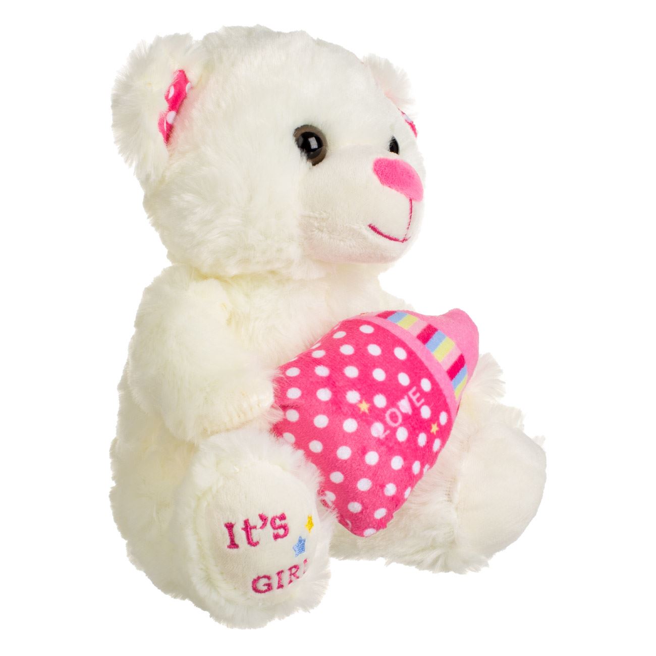 Ursulet de Plus Ecru cu Biberon Roz It's a Girl 21cm - poza 2