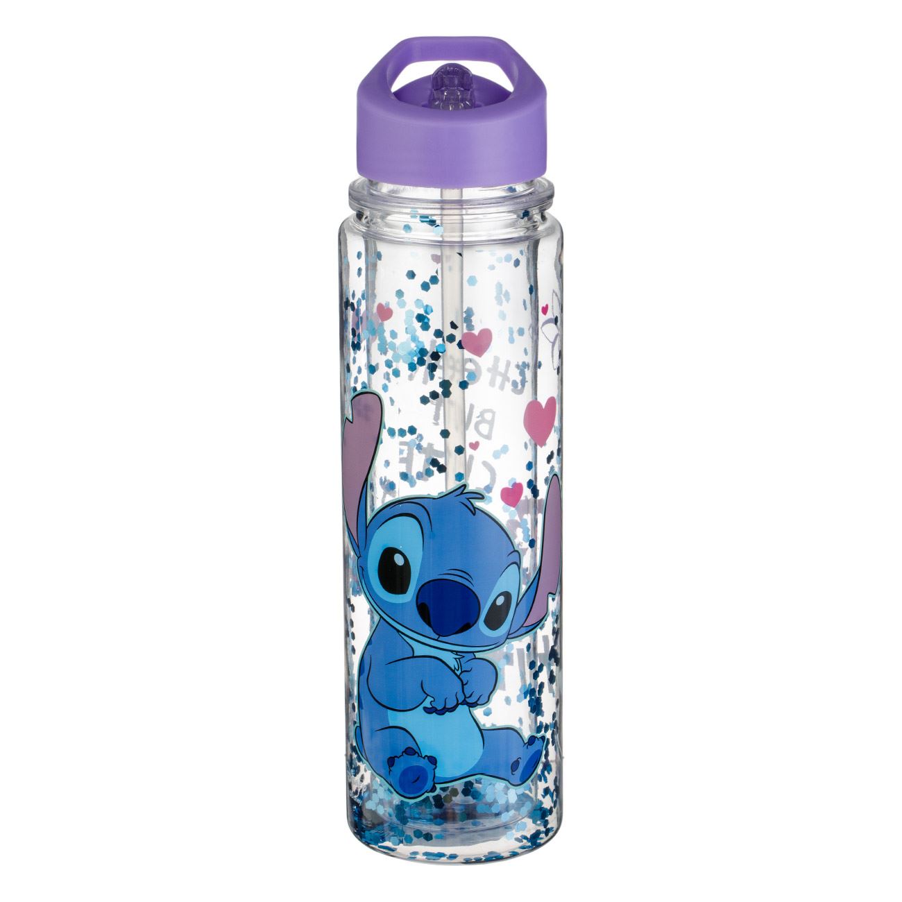 Sticla Apa Flip Top Transparenta cu Perete Dublu & Capac Lila Stitch Glitter pentru Copii 500ml