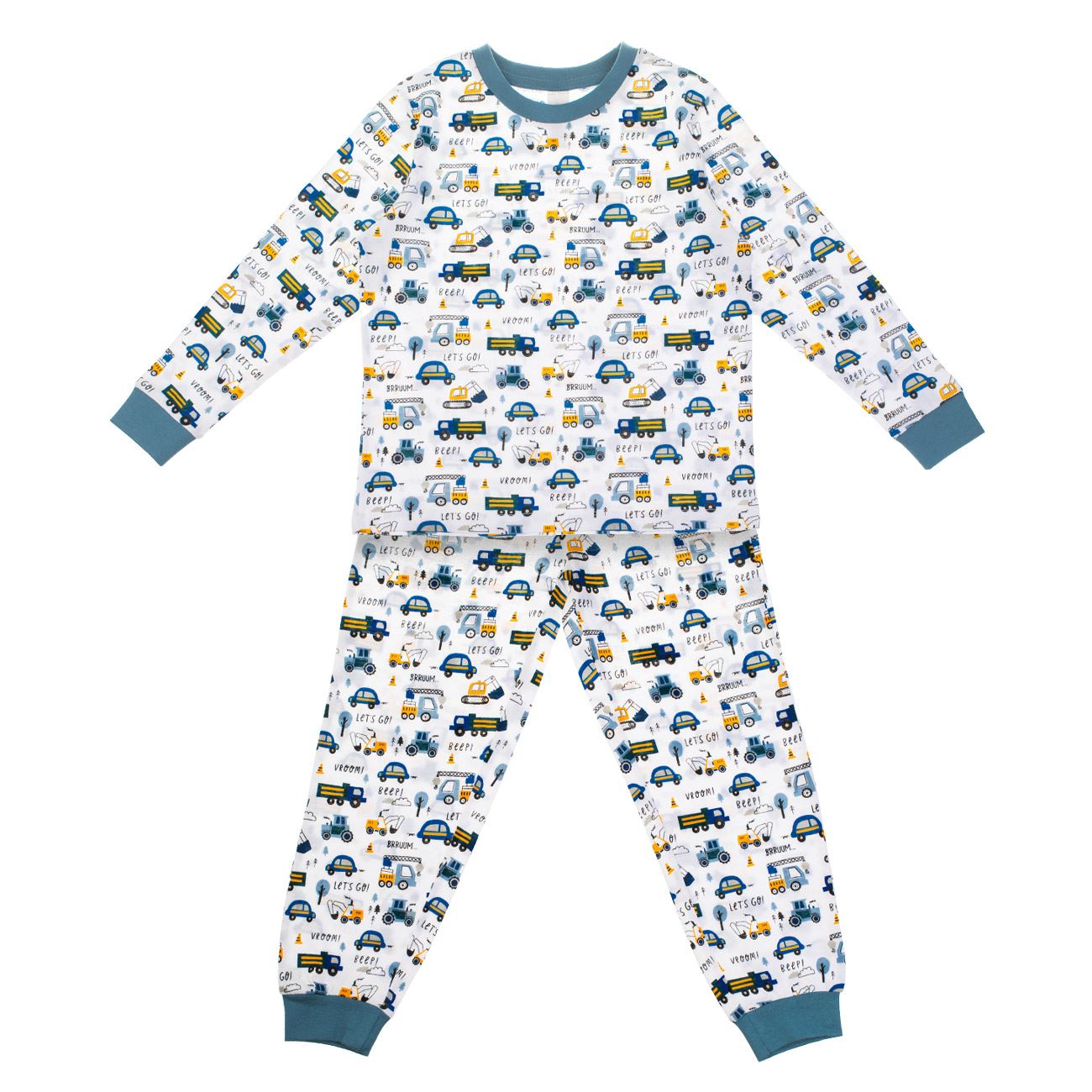 Set Pijama din Bumbac Alb Albastra Vehicule de Santier