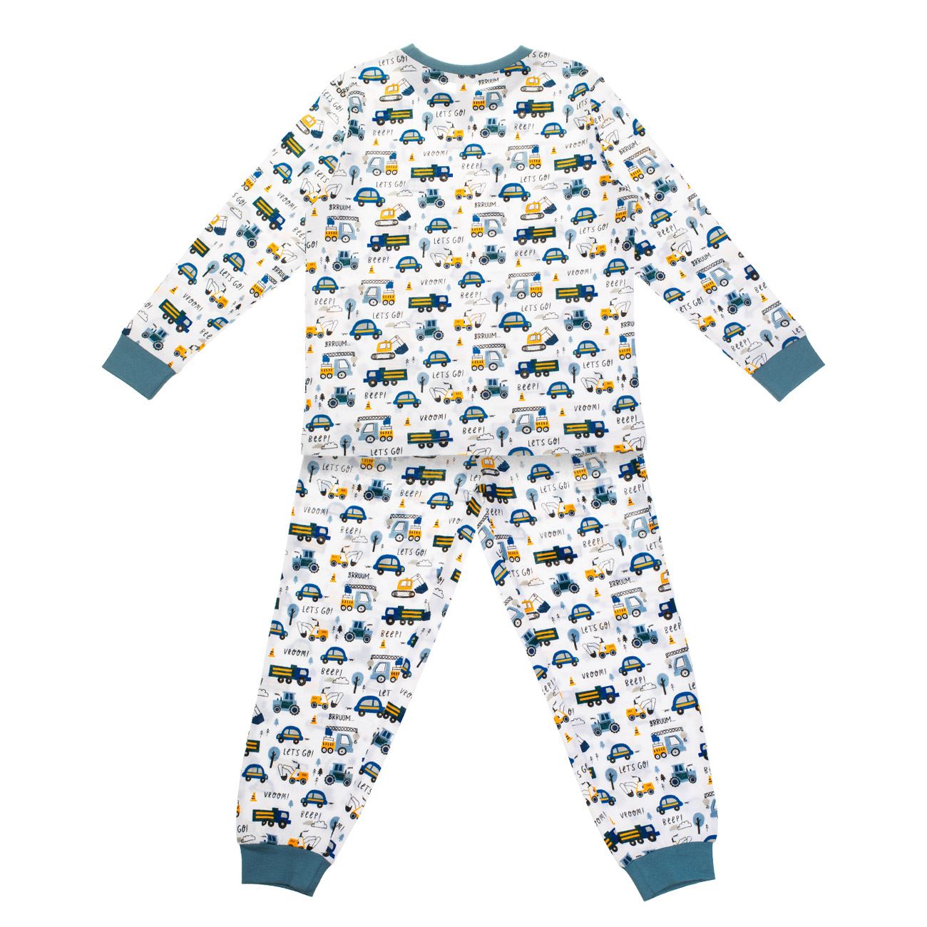 Set Pijama din Bumbac Alb Albastra Vehicule de Santier - poza 3