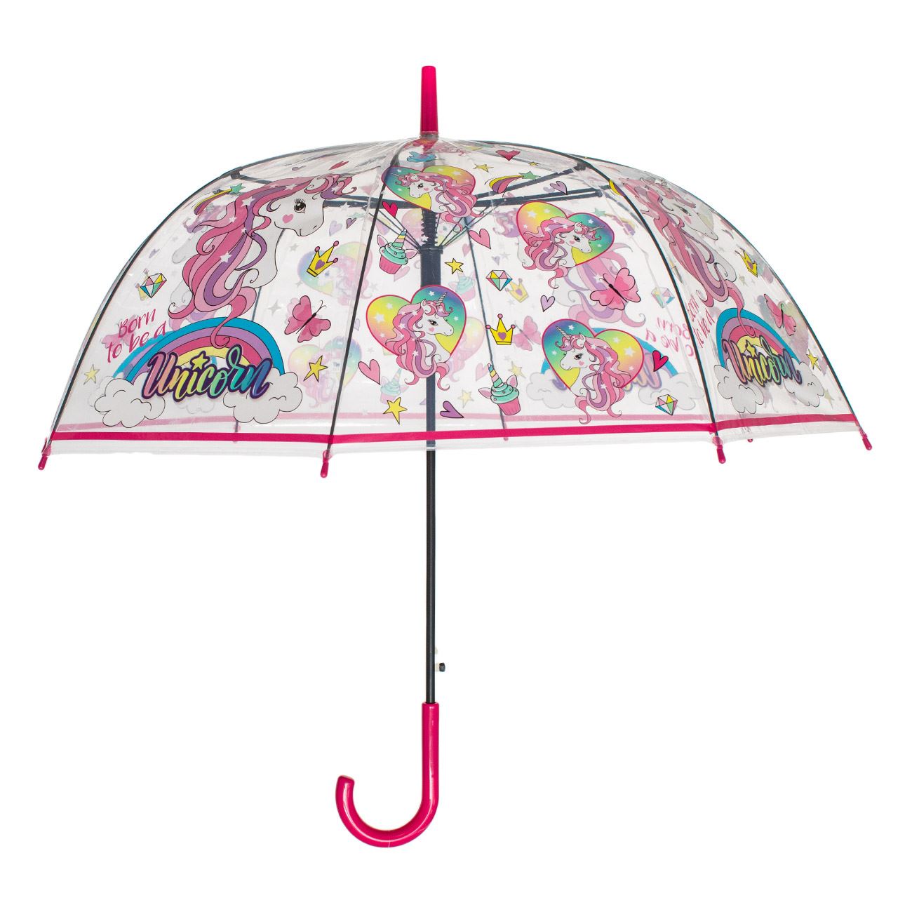 Umbrela de Ploaie Baston Manuala Fucsia Transparenta Unicorn pentru Copii 82cm - poza 2