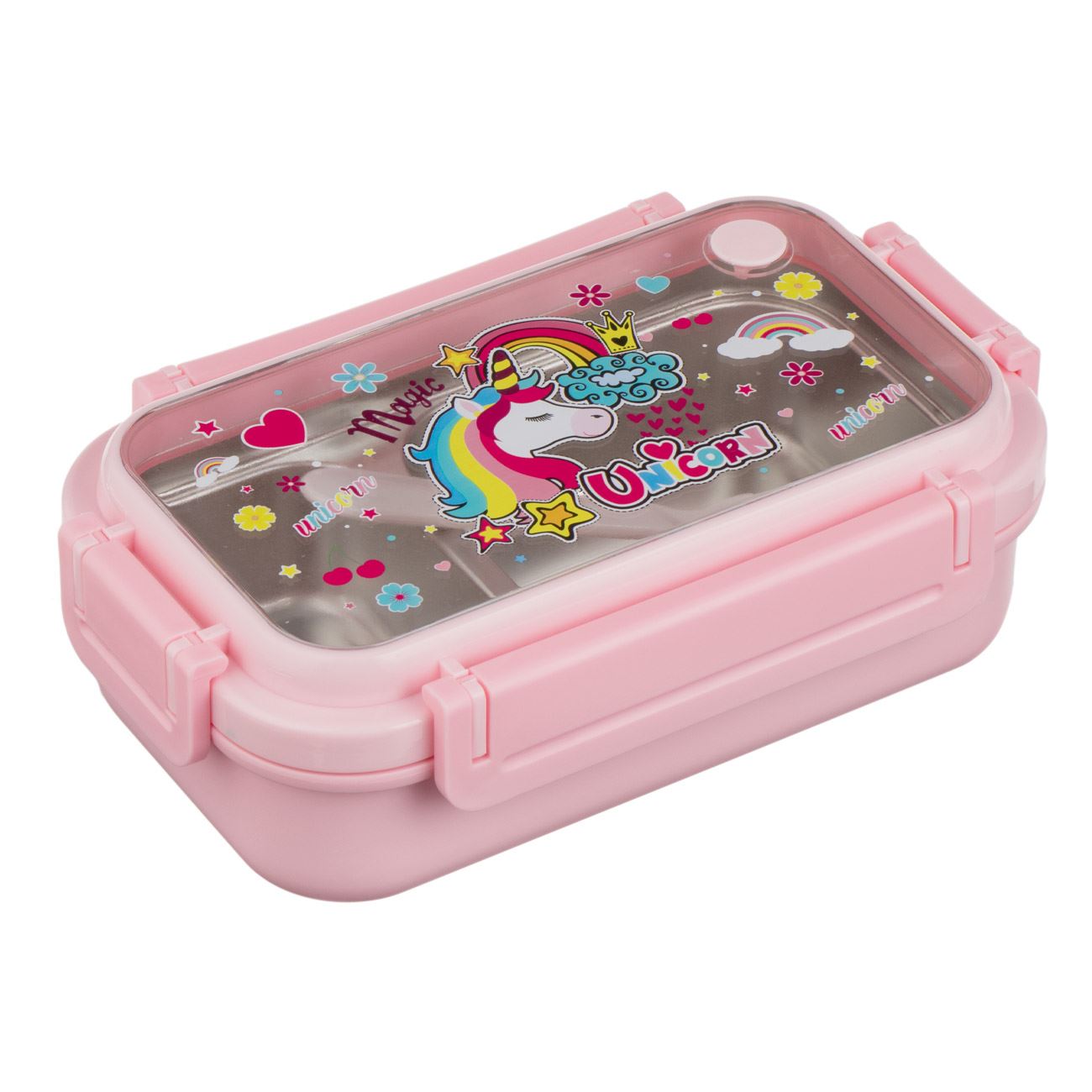 Caserola Roz Unicorn cu 2 Compartimente & Tacamuri pentru Copii - 550ml