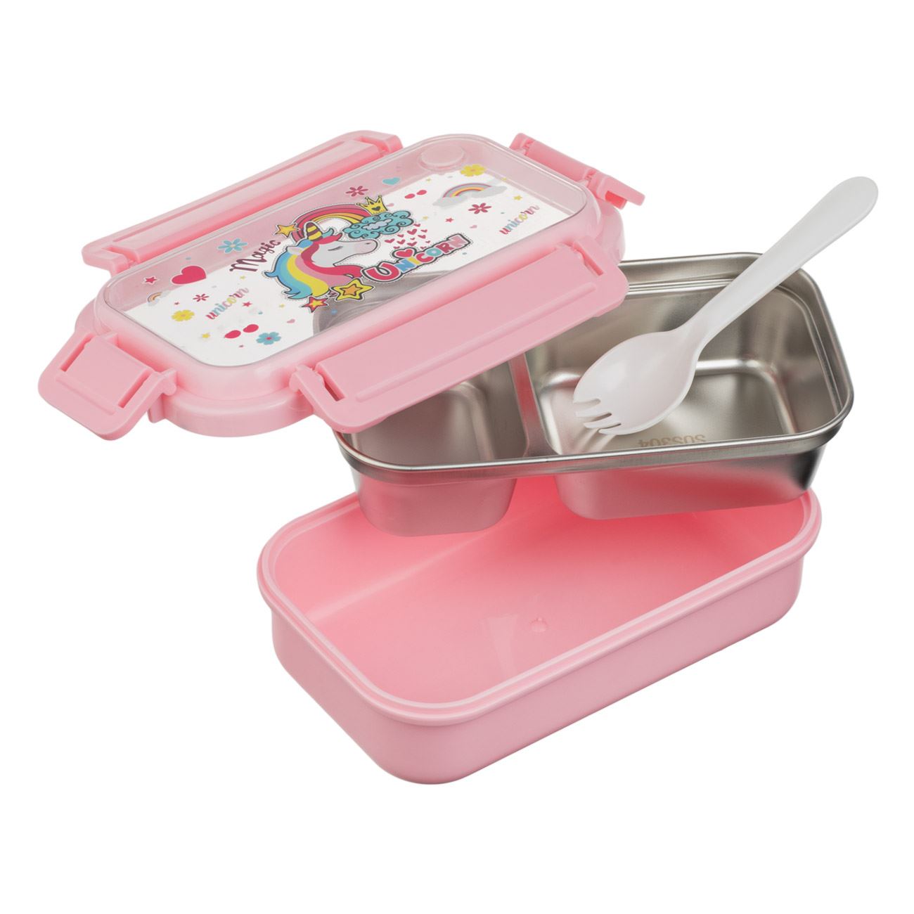 Caserola Roz Unicorn cu 2 Compartimente & Tacamuri pentru Copii - 550ml - poza 2