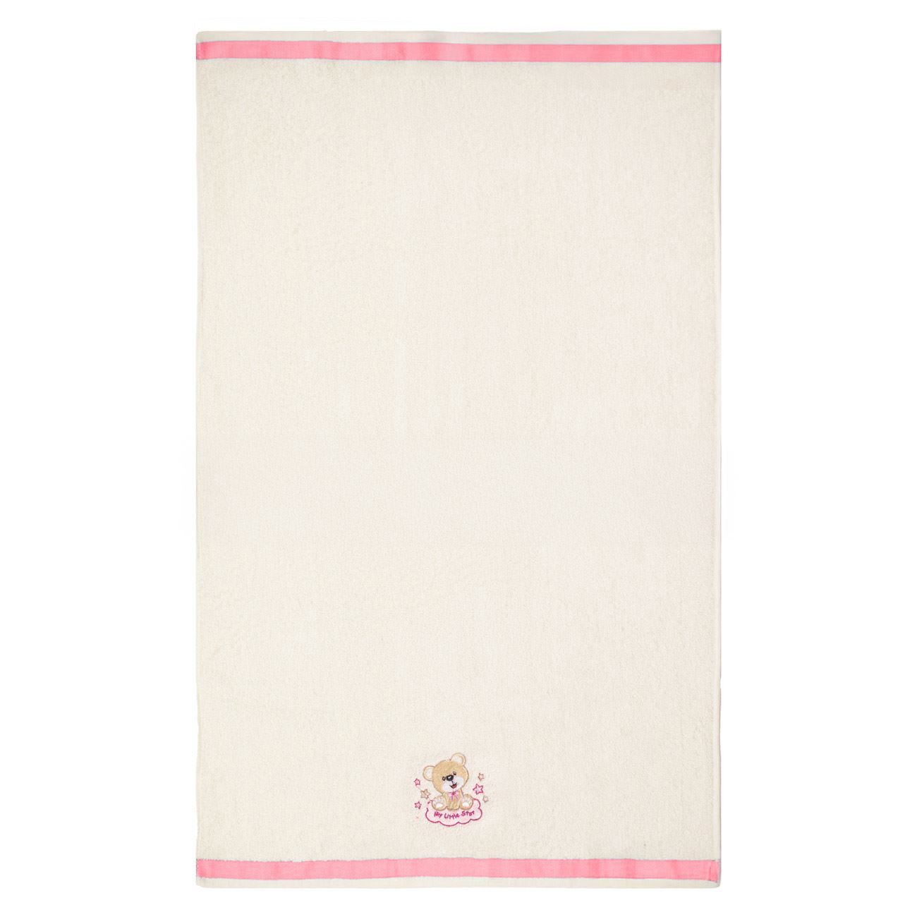 Prosop din Bumbac Ecru cu Margine Roz Ursulet Brodat "My little star" pentru Bebelusi 105x60cm