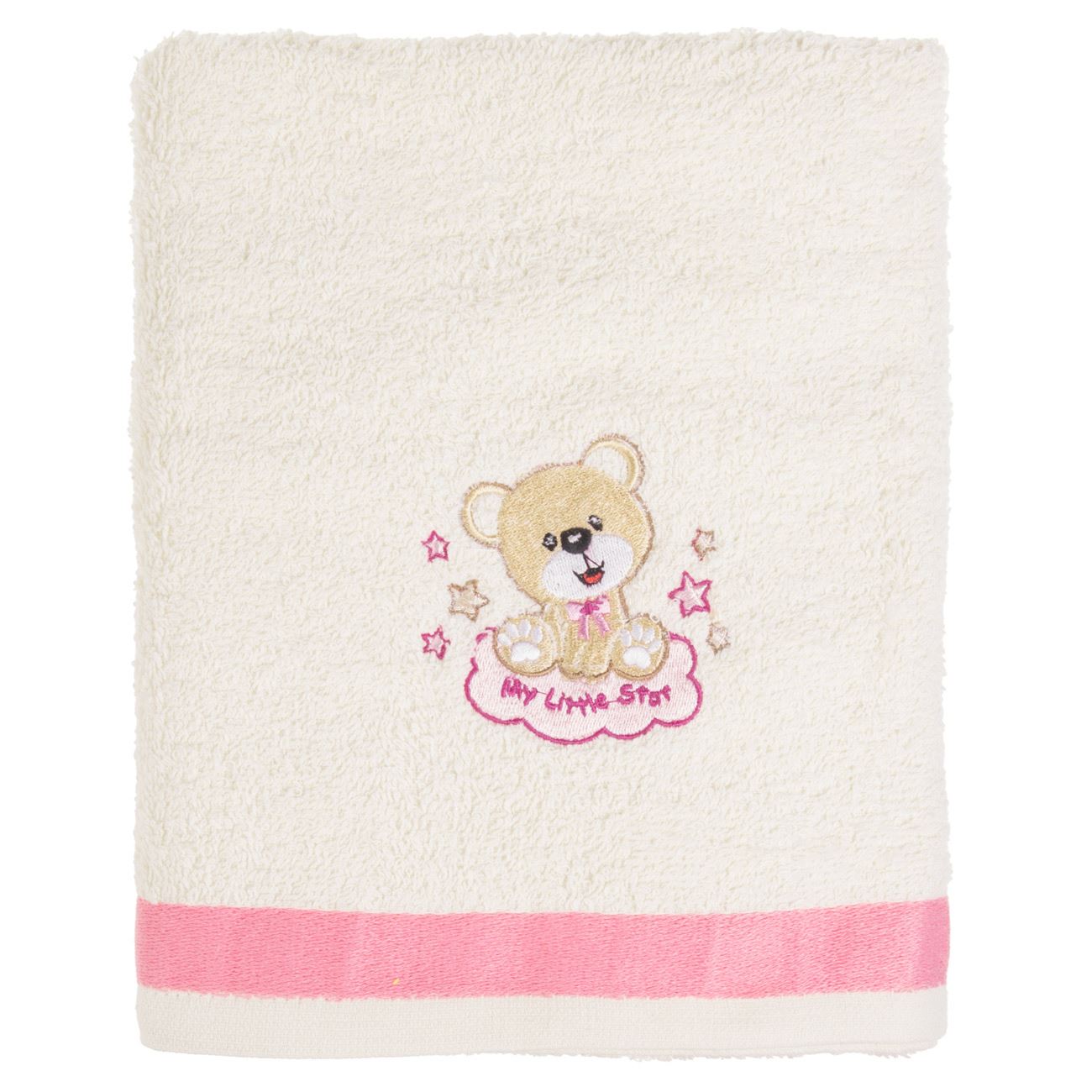 Prosop din Bumbac Ecru cu Margine Roz Ursulet Brodat "My little star" pentru Bebelusi 105x60cm - poza 2