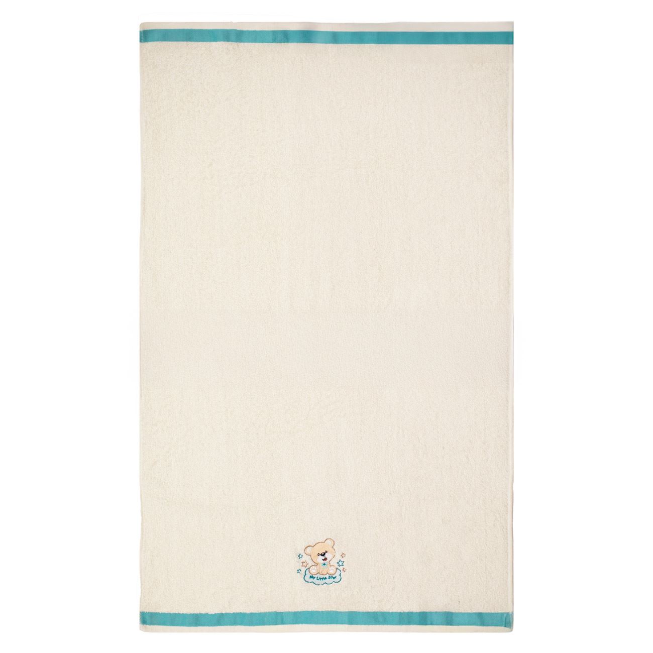 Prosop din Bumbac Ecru cu Margine Bleu Ursulet Brodat "My little star" pentru Bebelusi 105x60cm