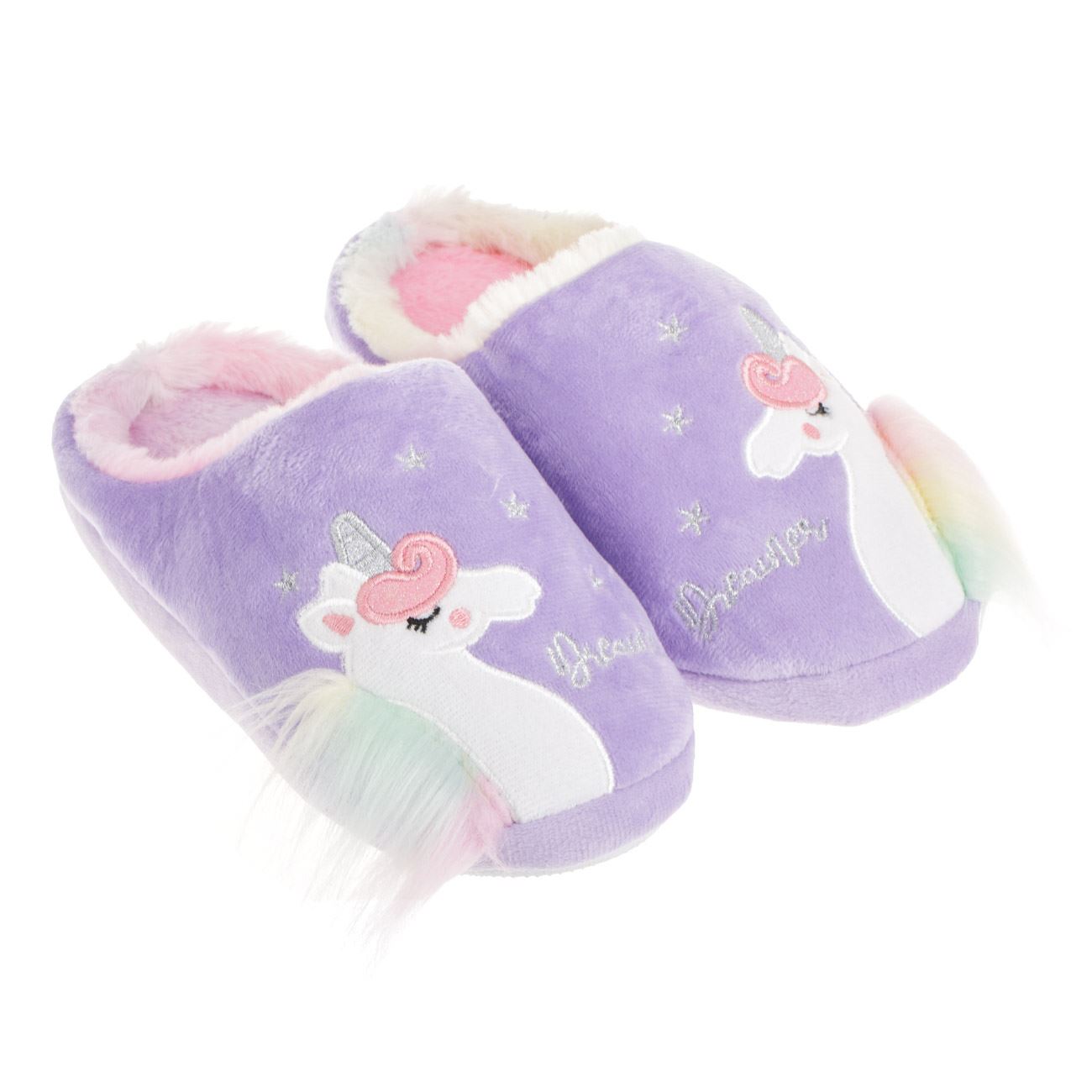 Papuci de Iarna Unicorn Lila Coama 3D Rainbow pentru Adolescenti