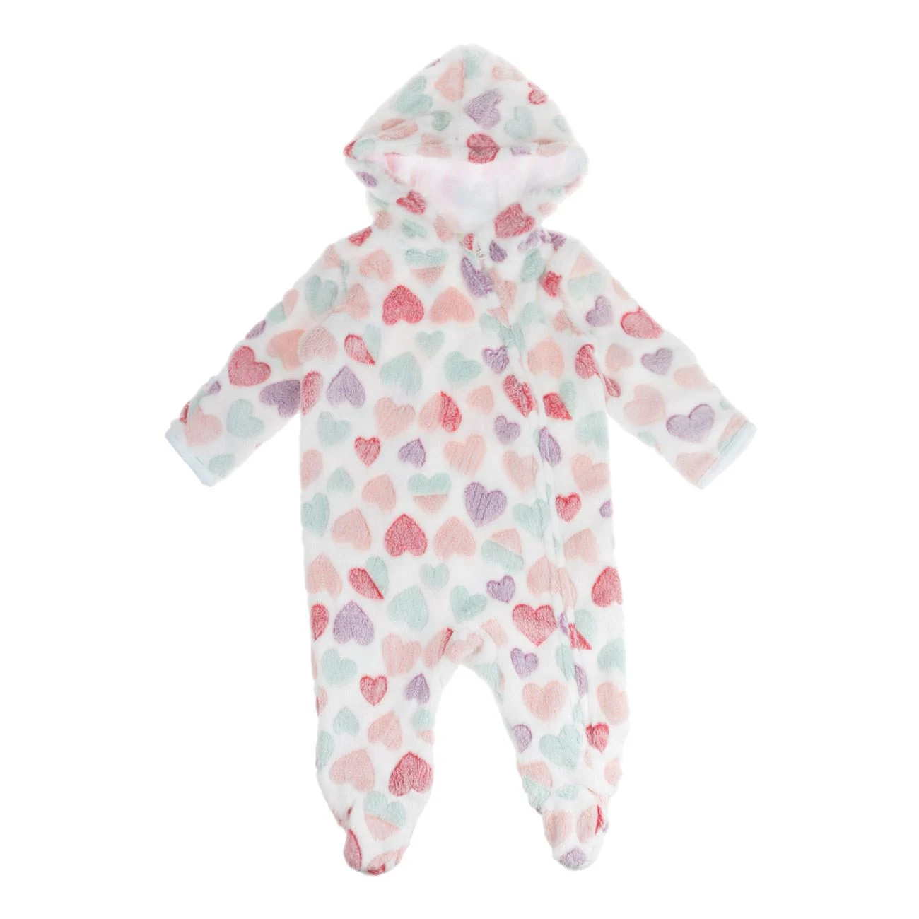 Salopeta Fleece Alba cu Gluga & Model Inimi Colorate pentru Bebelusi