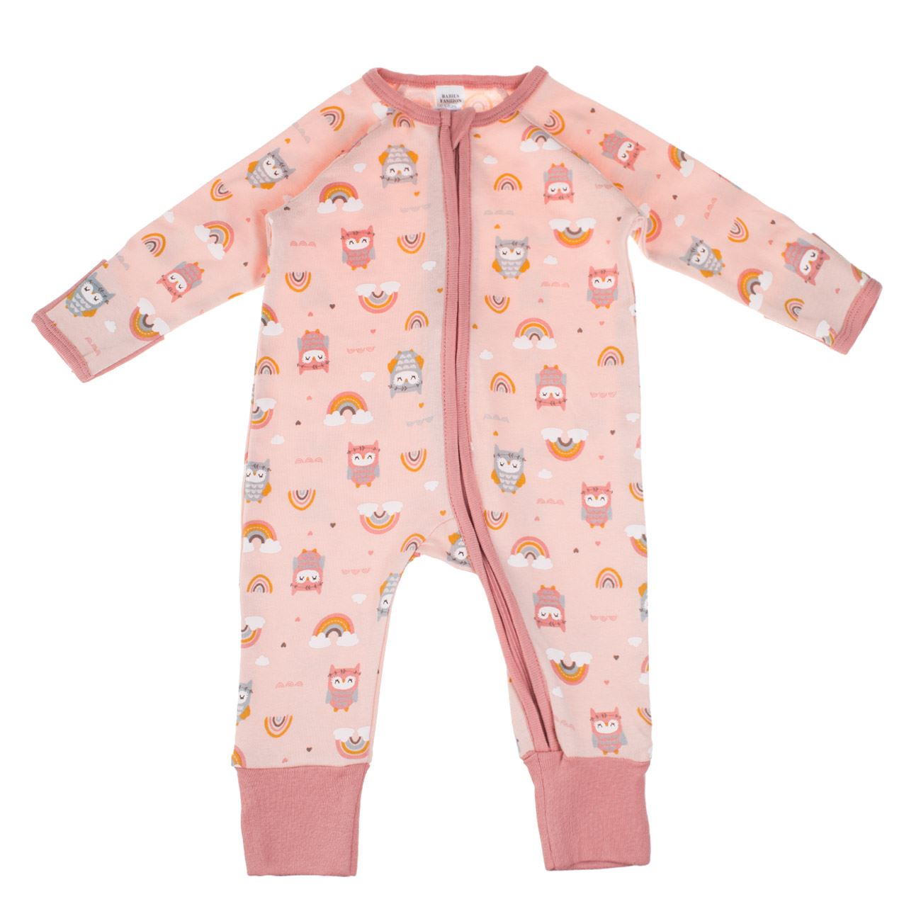 Salopeta din Bumbac Roz cu Bufnite & Curcubeu pentru Bebelusi