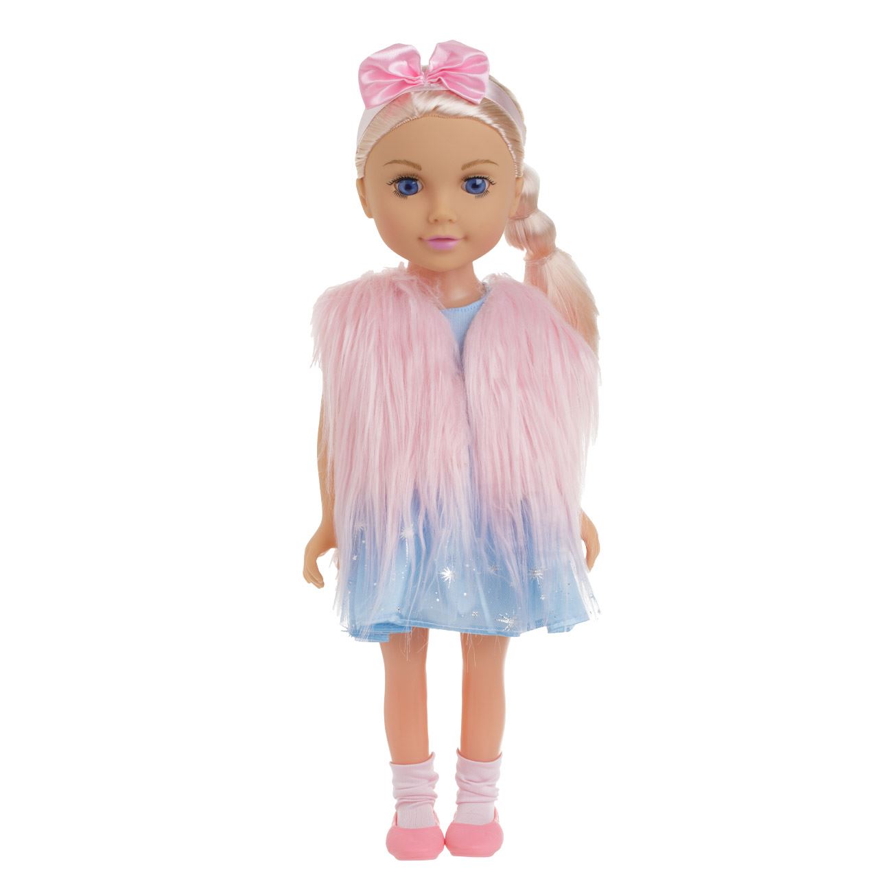 Papusa Fashion Girl cu Vesta Roz din Imitatie de Blana & Panglica Par - 45cm