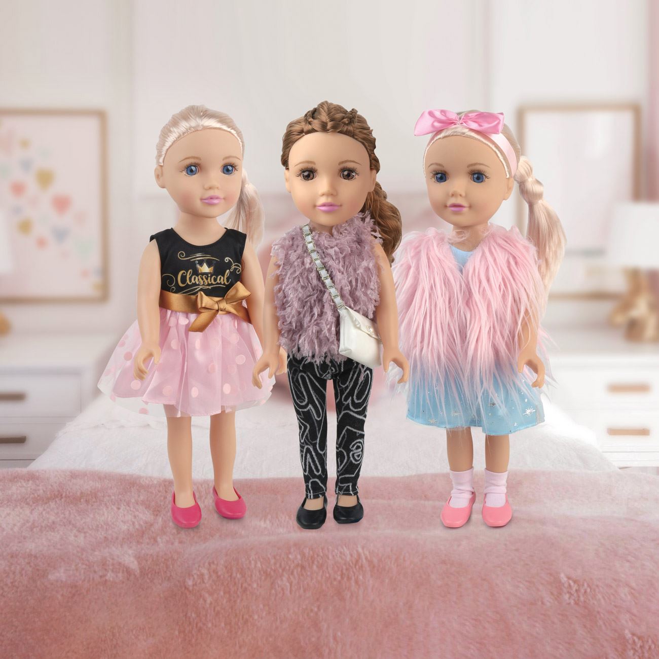 Papusa Fashion Girl cu Vesta Roz din Imitatie de Blana & Panglica Par - 45cm - poza 2