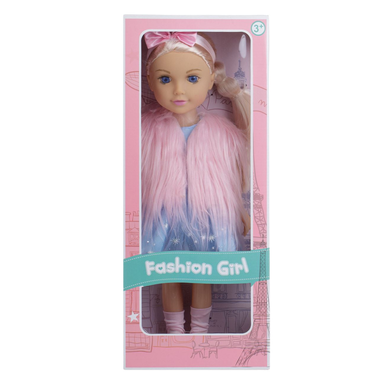Papusa Fashion Girl cu Vesta Roz din Imitatie de Blana & Panglica Par - 45cm - poza 3
