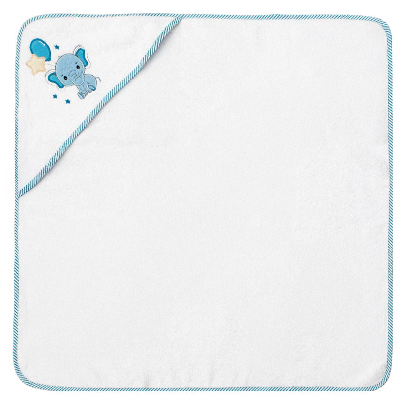 Prosop din Bumbac Alb cu Gluga cu Elefant Bleu 75x75cm