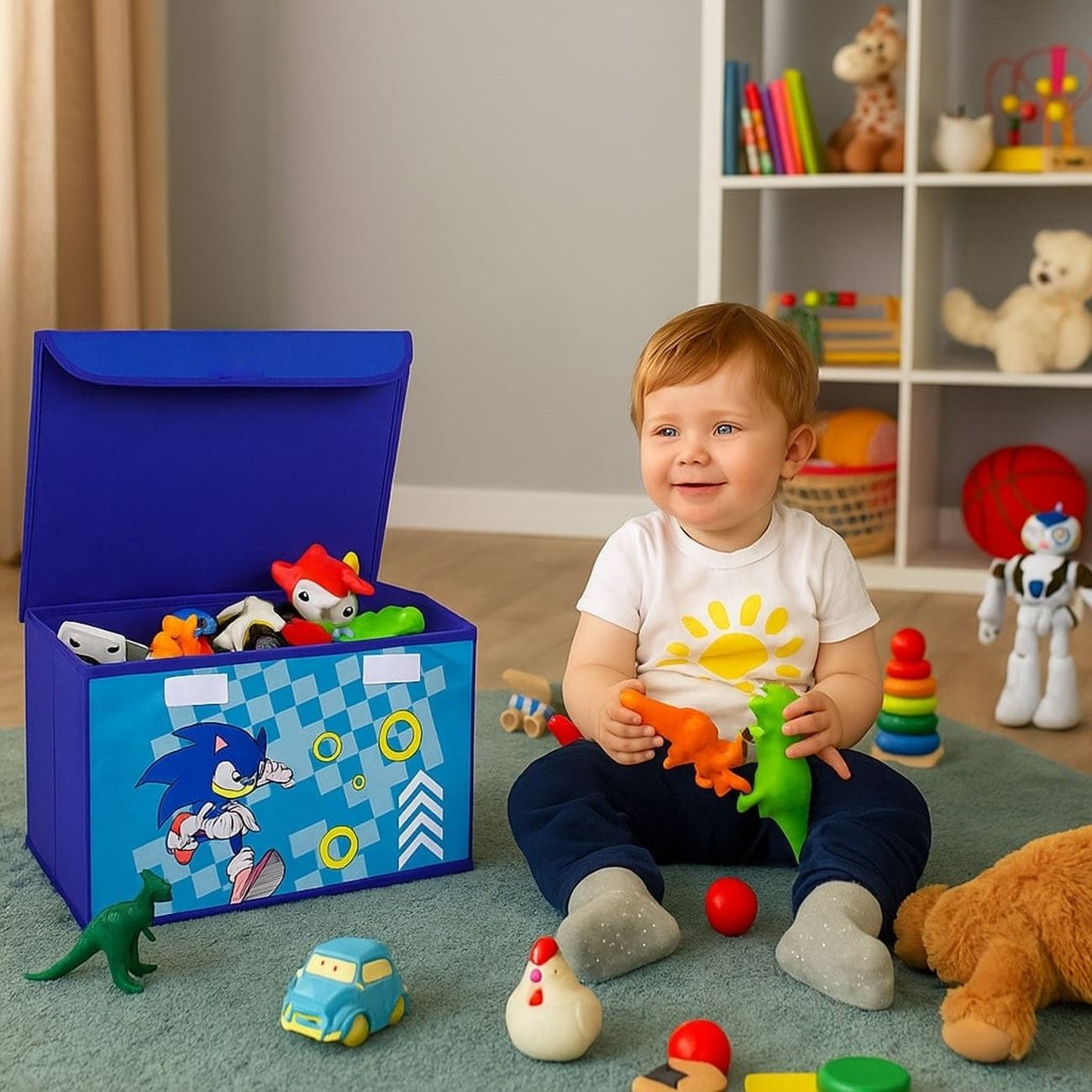 Cutie de Depozitare Textila Albastra cu Model Sonic & Capac 40x30x25cm - poza 2
