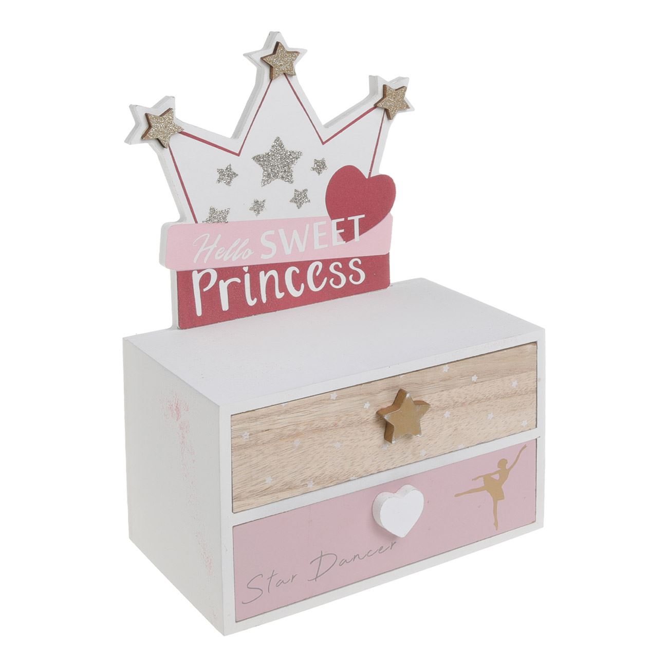 Cutie din Lemn Decorativa cu 2 Sertare Decorata cu Coroana & Glitter Auriu 18x10x28cm