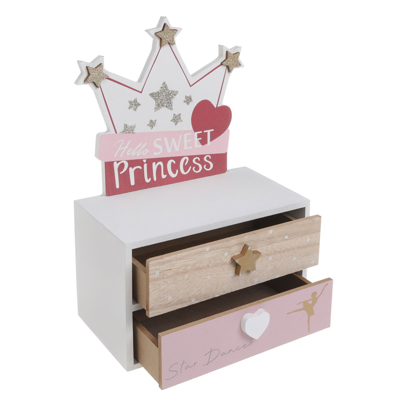 Cutie din Lemn Decorativa cu 2 Sertare Decorata cu Coroana & Glitter Auriu 18x10x28cm - poza 2