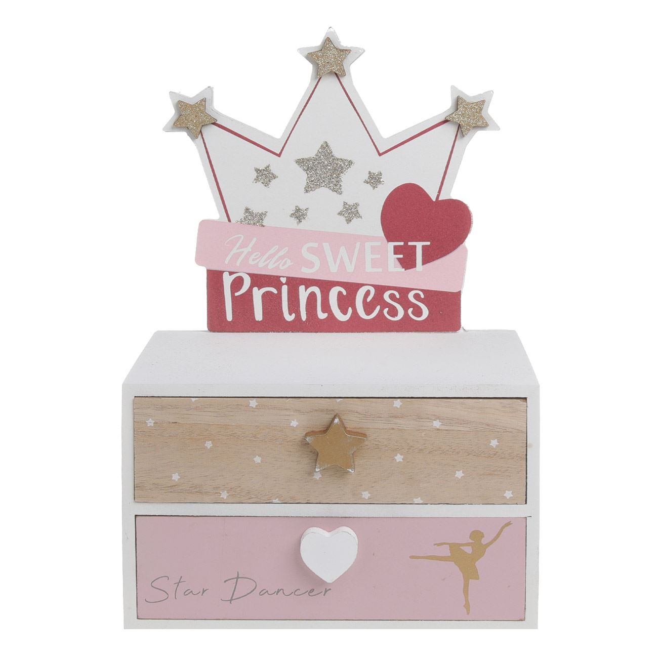 Cutie din Lemn Decorativa cu 2 Sertare Decorata cu Coroana & Glitter Auriu 18x10x28cm - poza 3