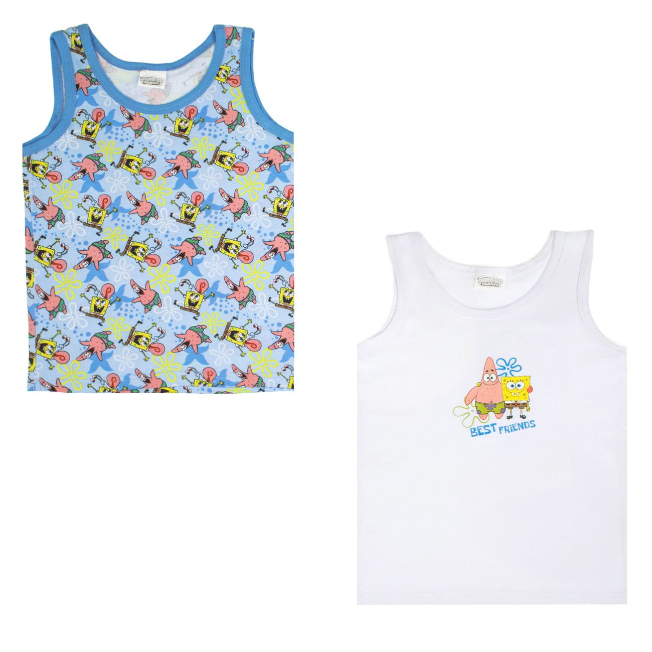 Set Maiouri din Bumbac Alb Bleu cu Model Spongebob pentru Copii - 2buc