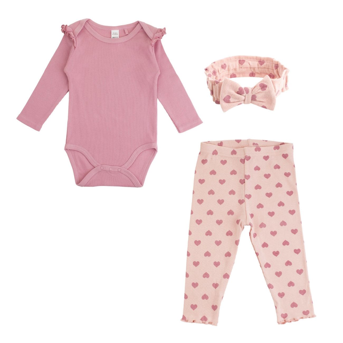 Set 3 Piese din Bumbac cu Body Colanti & Panglica Par Roz Somon & Model Inimi pentru Bebelusi