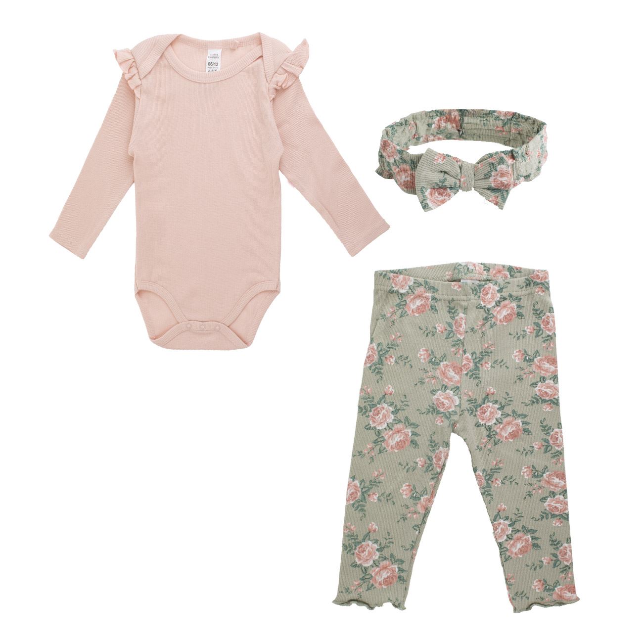 Set 3 Piese din Bumbac cu Body Colanti & Panglica Par Somon Verde Olive cu Model Floral pentru Bebelusi