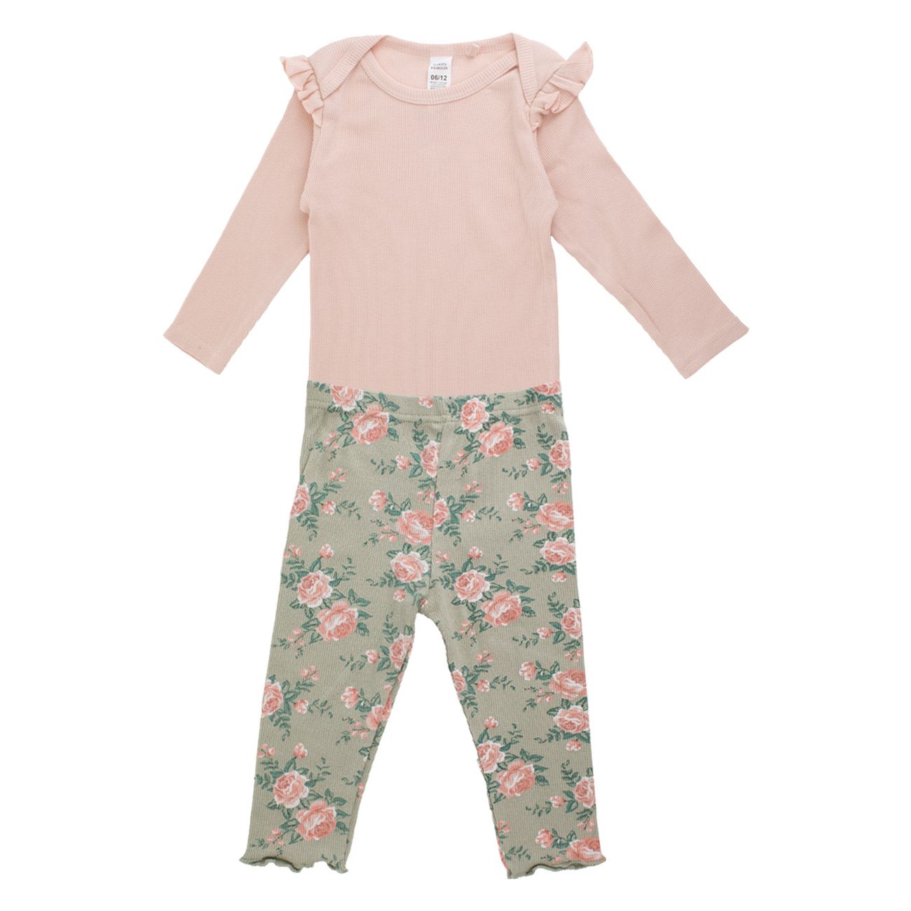 Set 3 Piese din Bumbac cu Body Colanti & Panglica Par Somon Verde Olive cu Model Floral pentru Bebelusi - poza 2