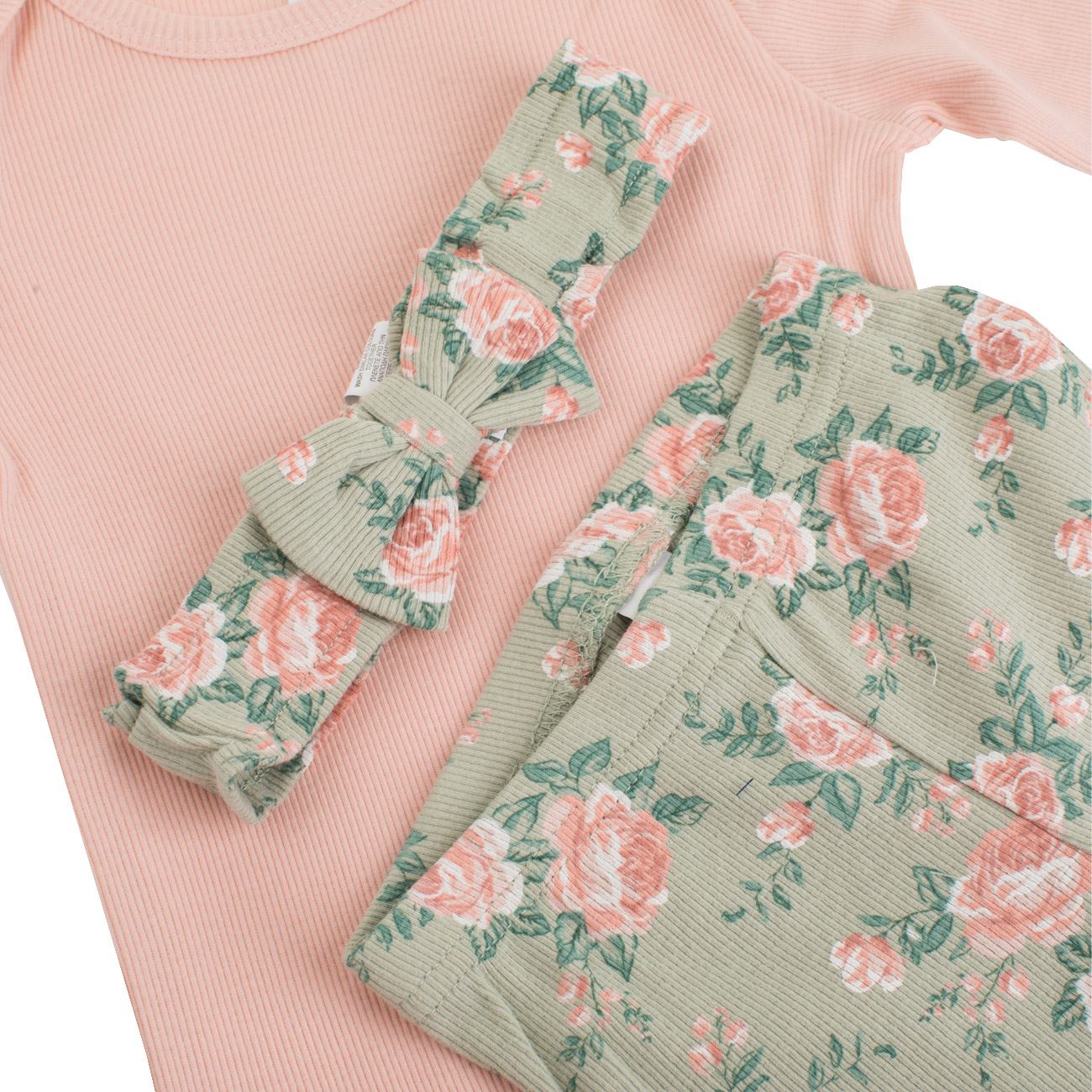Set 3 Piese din Bumbac cu Body Colanti & Panglica Par Somon Verde Olive cu Model Floral pentru Bebelusi - poza 3