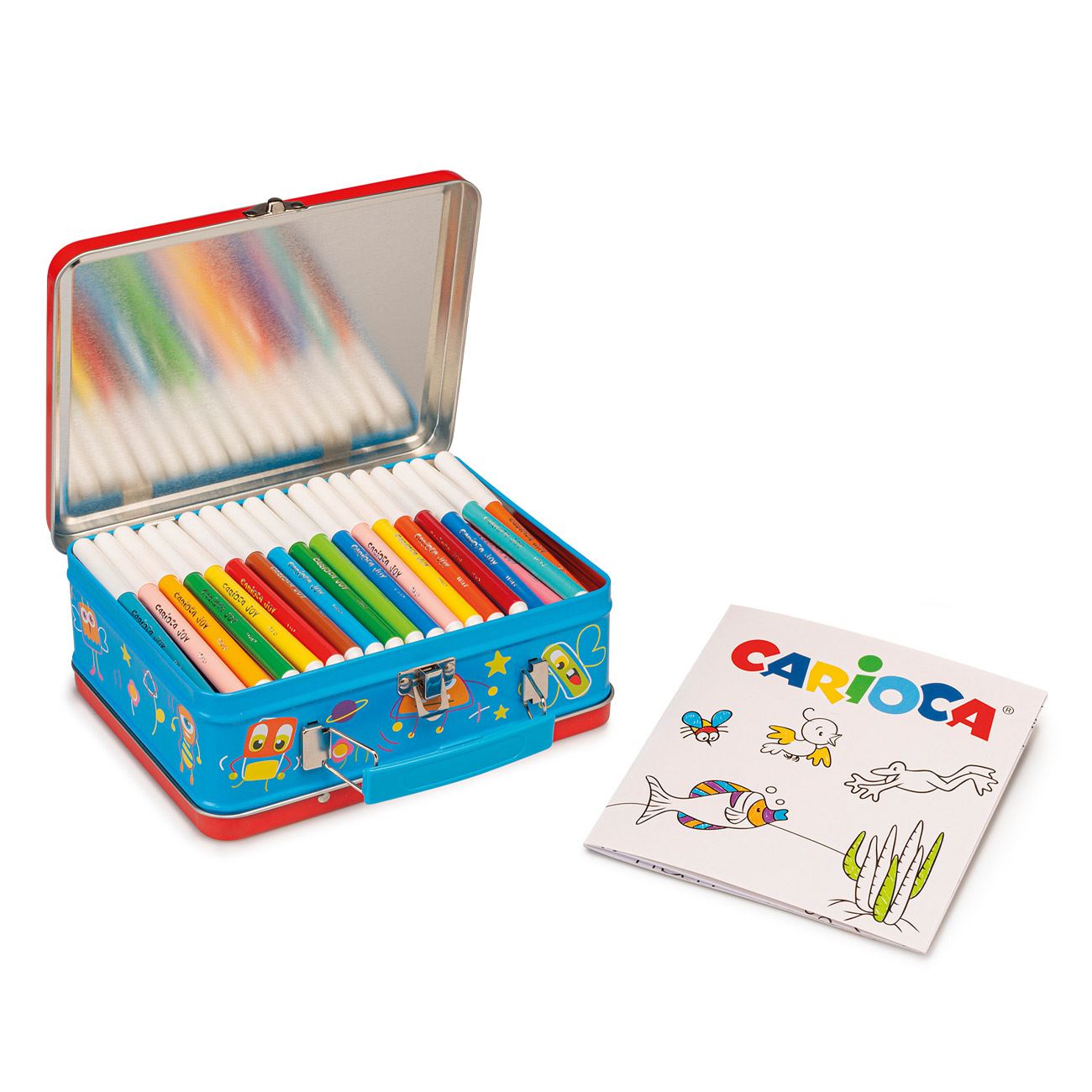 Set cu 80 de Carioci cu Varf Subtire Carioca & Bloc de Desen in Cutie Metalica - 80 de piese