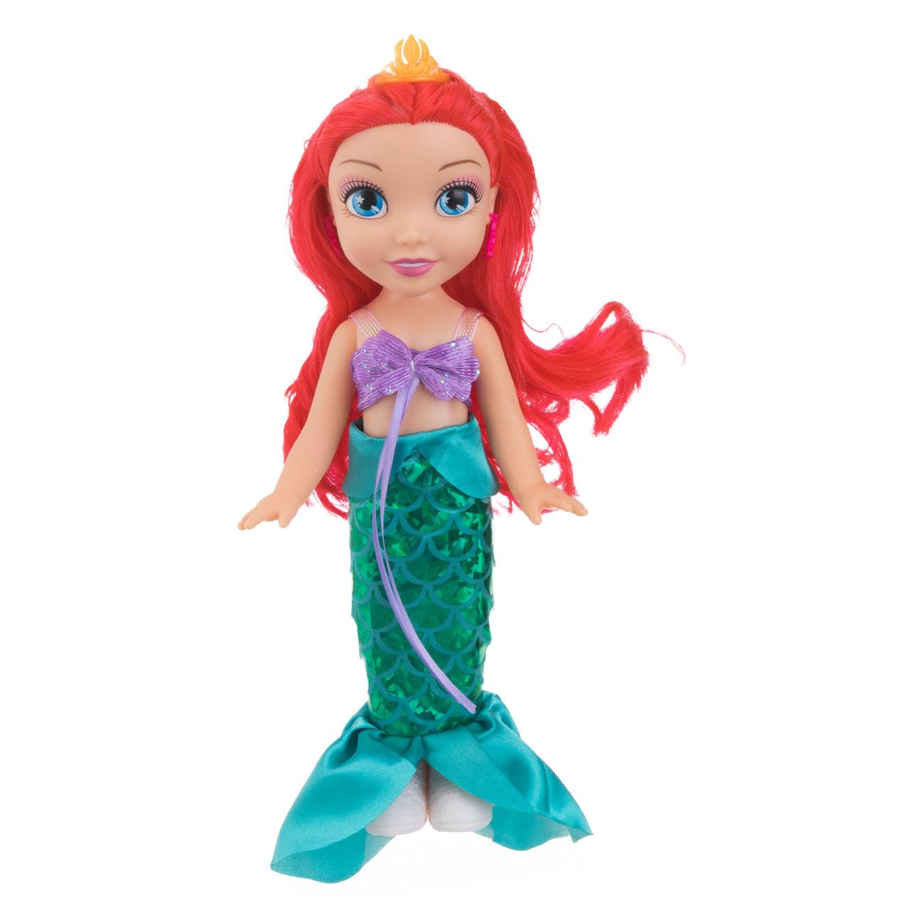 Papusa Printesa Sirena cu Par Rosu Fundita Lila Coada Verde & Bijuterii 29cm