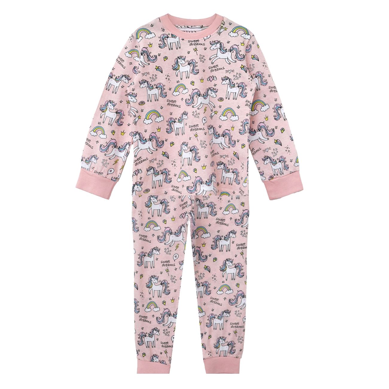 Set Pijama de Iarna din Bumbac Roz Somon cu Model Unicorn pentru Copii