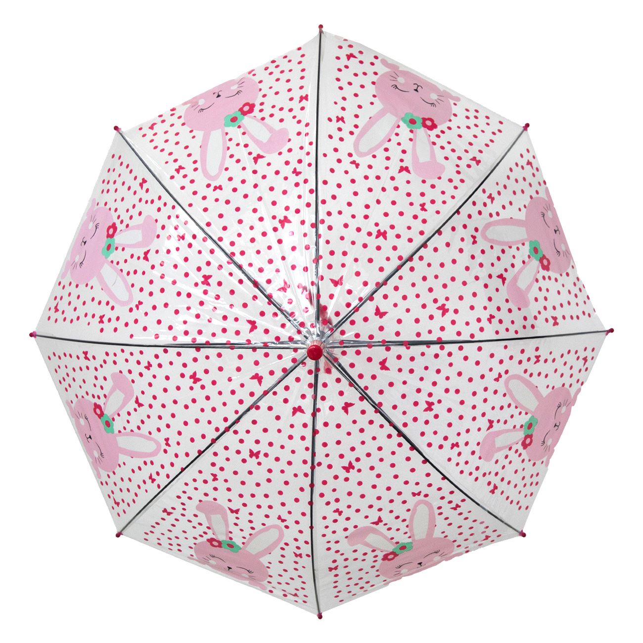 Umbrela de Ploaie Baston Automata Transparenta Roz cu Model Iepurasi & Fluier pentru Copii 66cm