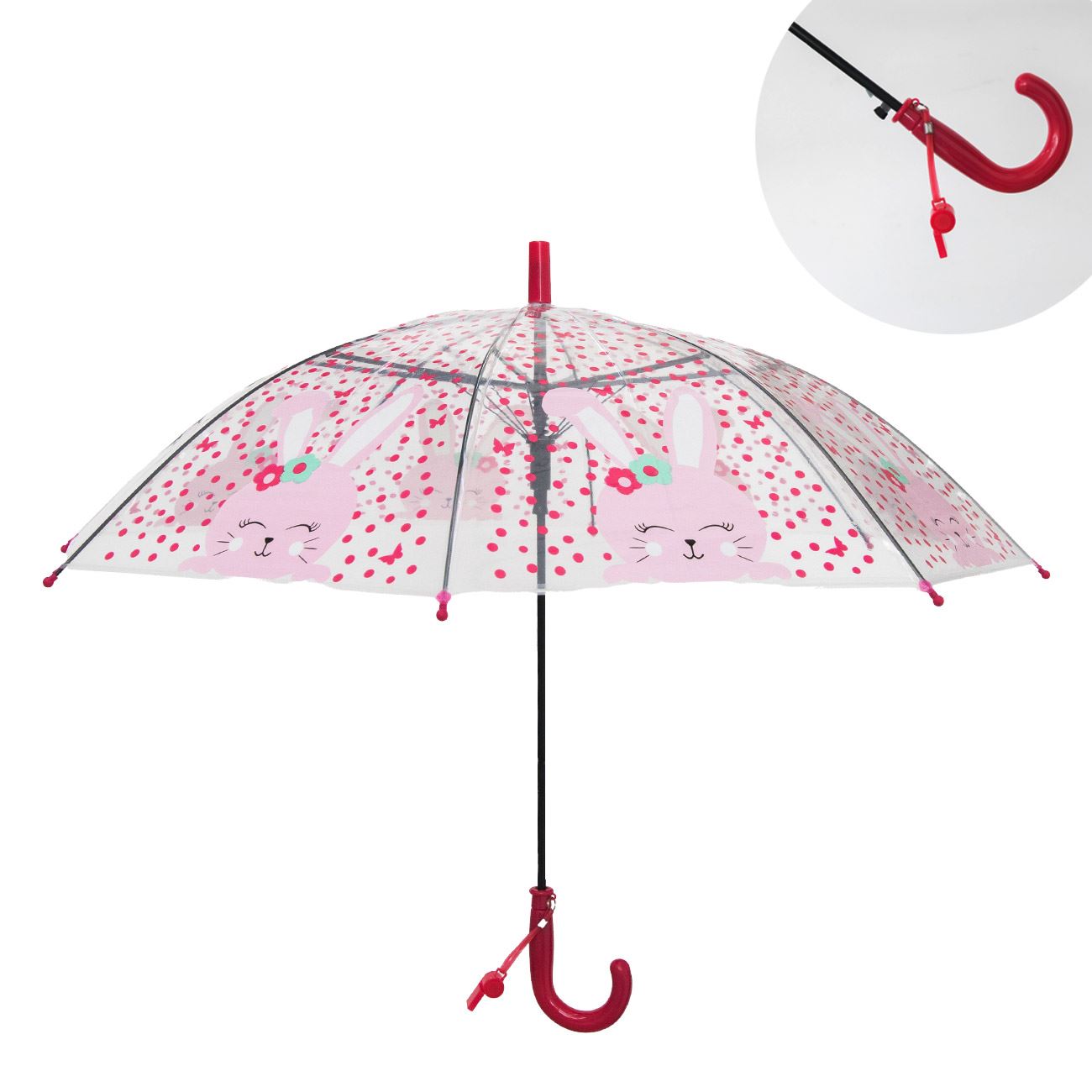 Umbrela de Ploaie Baston Automata Transparenta Roz cu Model Iepurasi & Fluier pentru Copii 66cm - poza 2
