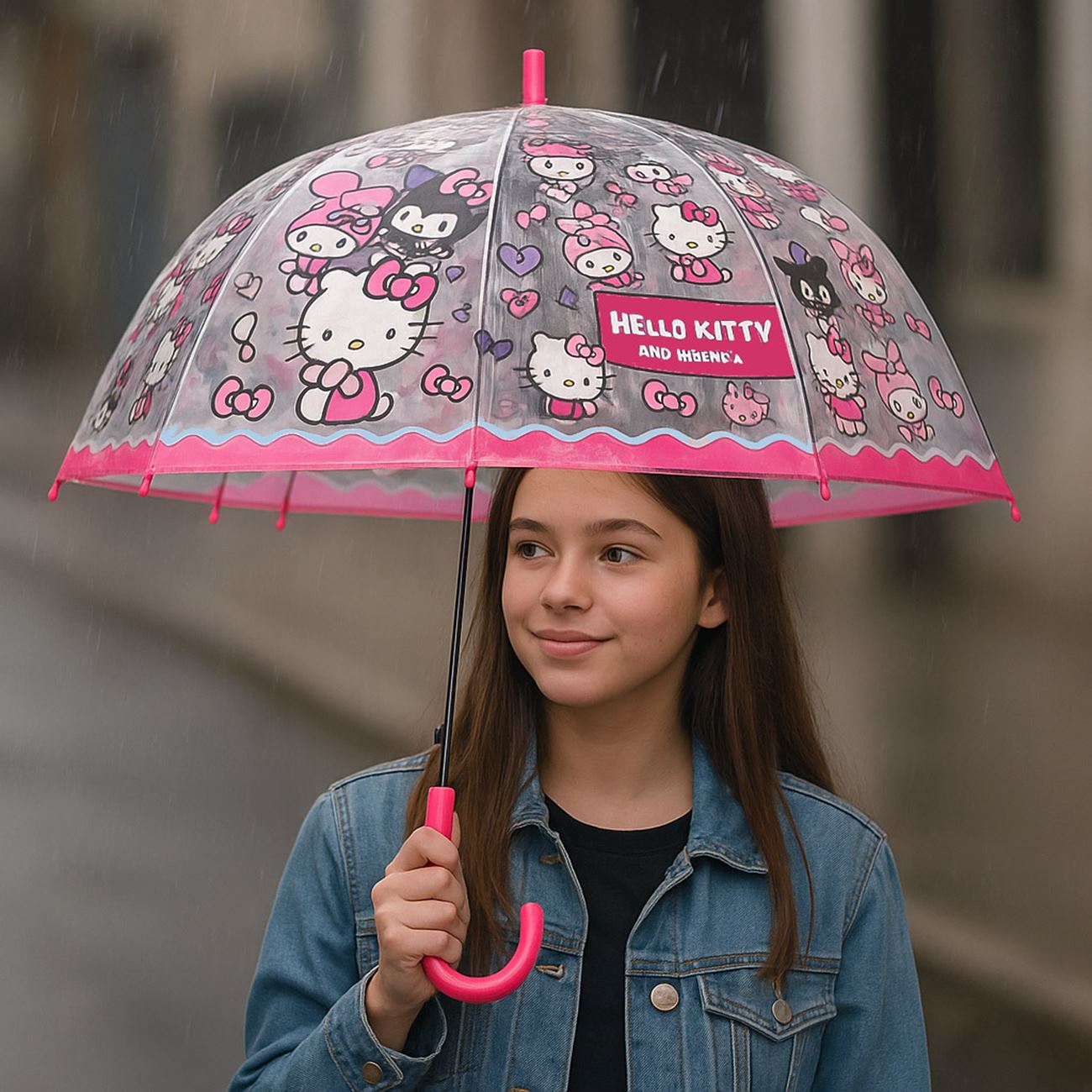 Umbrela de Ploaie Baston Automata Fucsia Transparenta cu Model Hello Kitty pentru Copii 82cm - poza 2