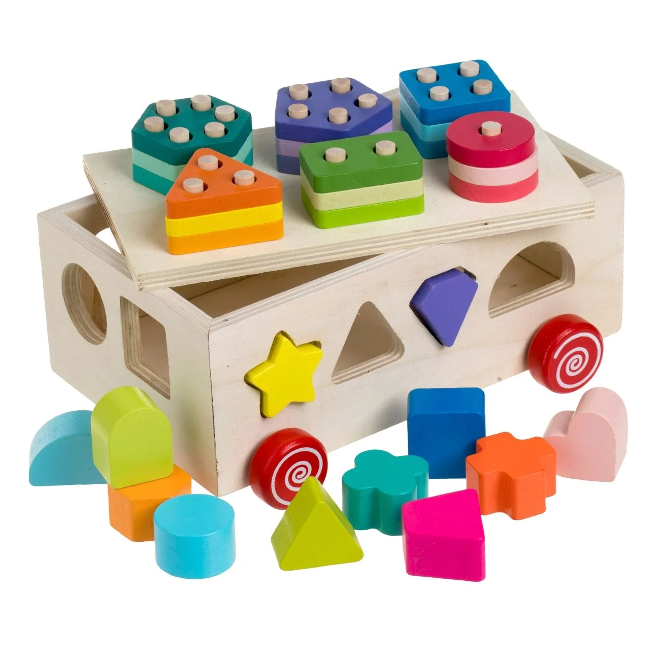 Jucarie Sortator din Lemn Vehicul cu Forme 21,5x13,5x13cm