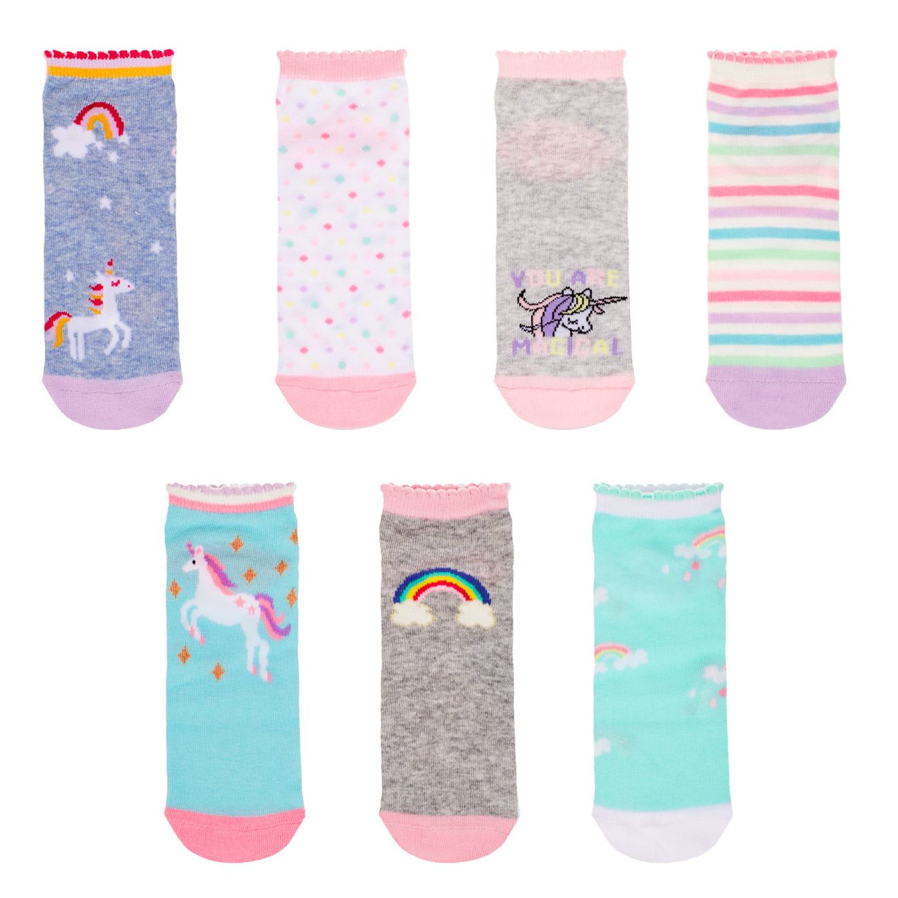Sosete Scurte de Diferite Culori cu Model Unicorn pentru Fete - 7 perechi
