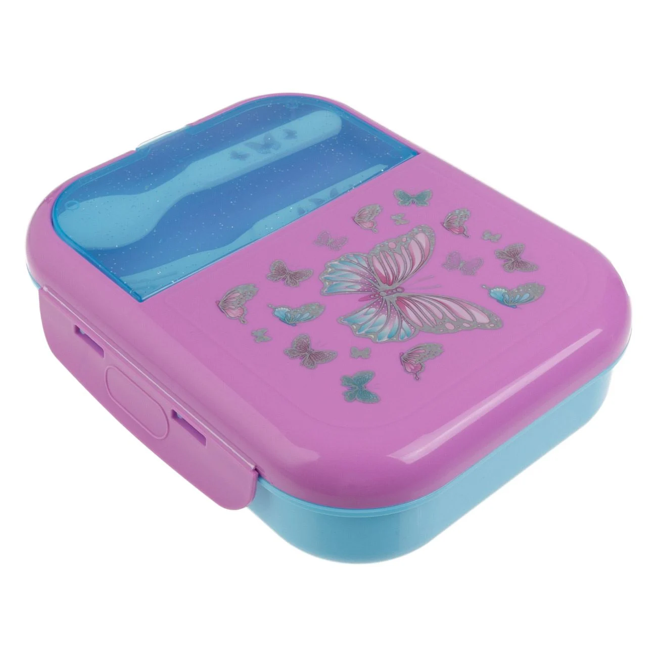 Caserola cu 3 Compartimente Lila Turcoaz Fluturi & Furculita cu Lingura 12,6x18x6cm - 1,3L