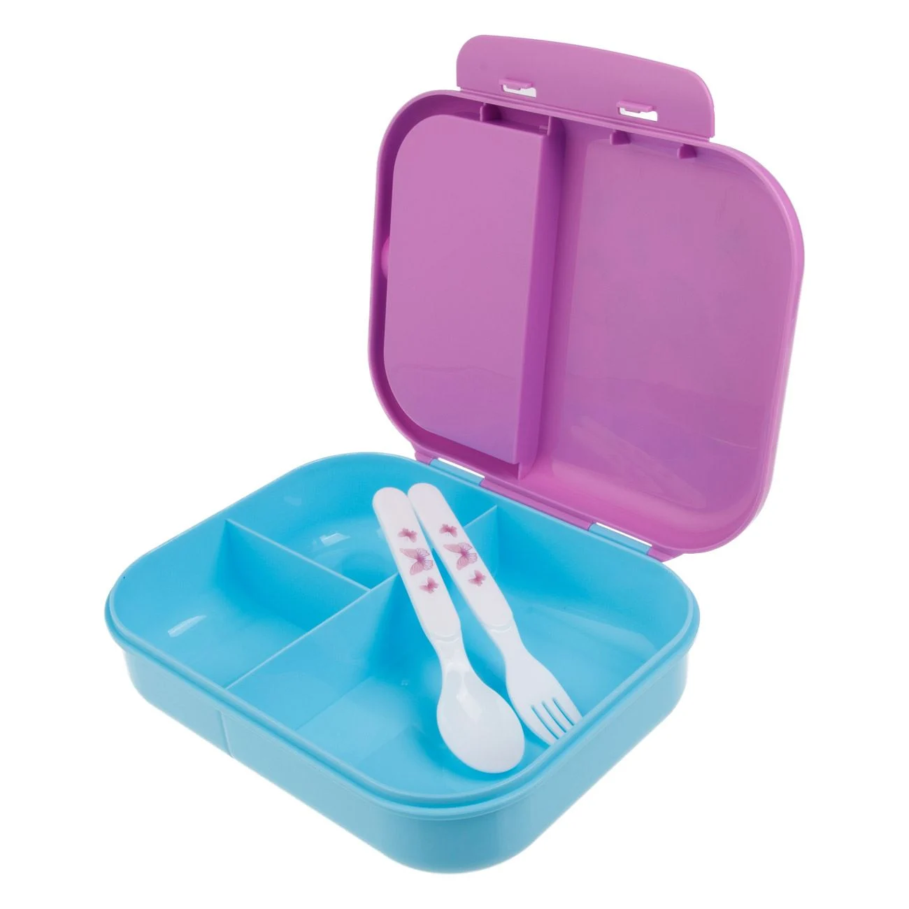 Caserola cu 3 Compartimente Lila Turcoaz Fluturi & Furculita cu Lingura 12,6x18x6cm - 1,3L - poza 3