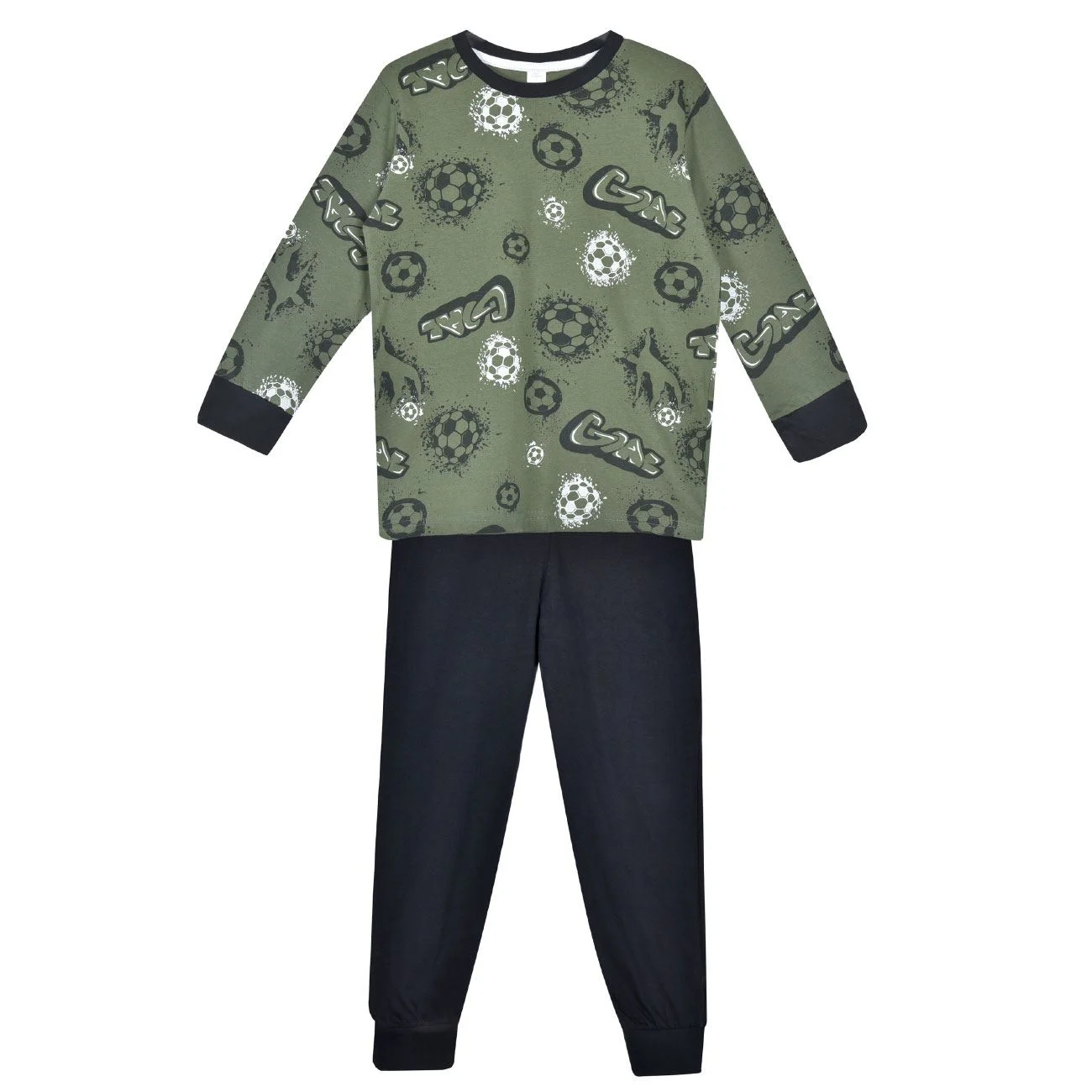 Set Pijama din Bumbac Kaki Negru cu Model Fotbal pentru Copii