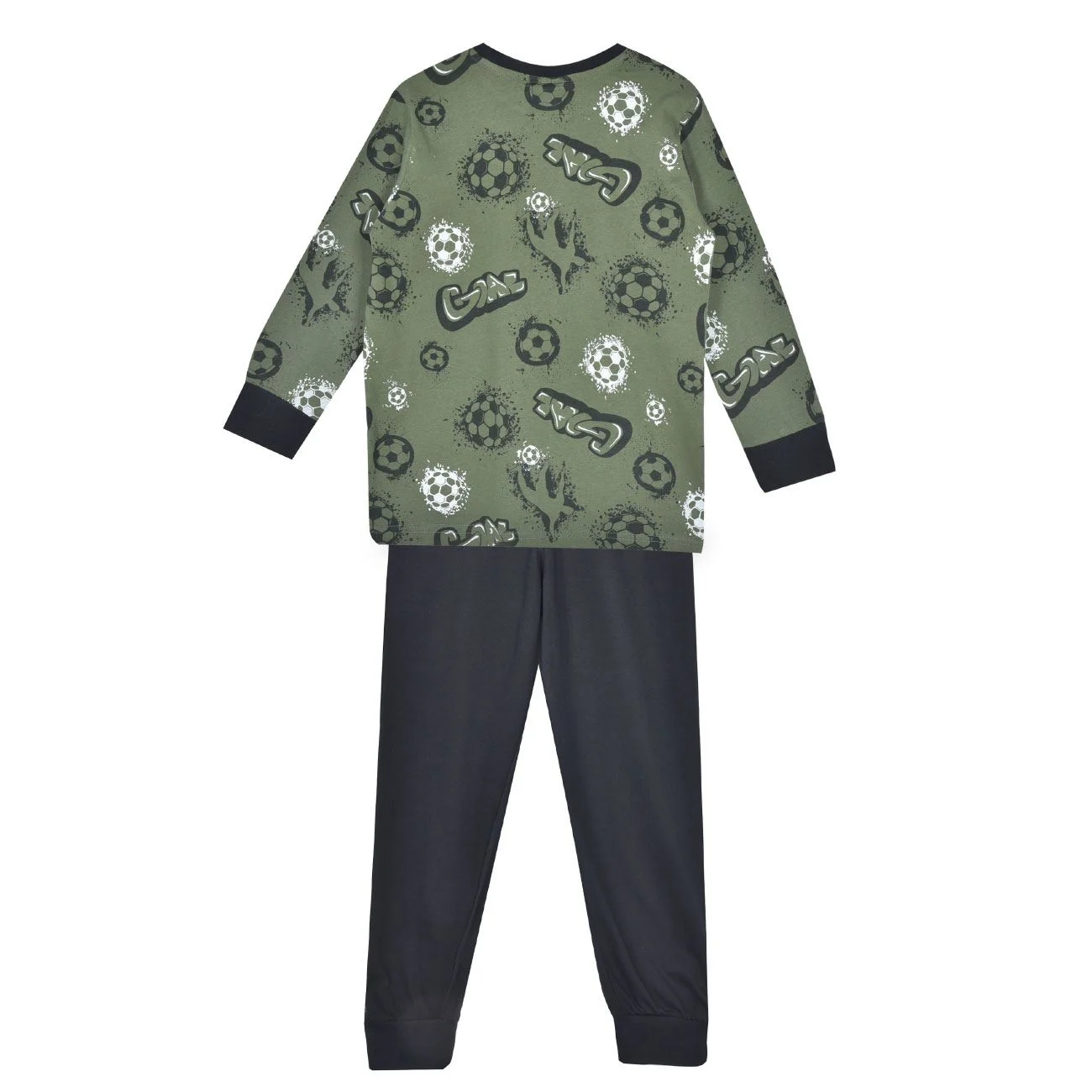 Set Pijama din Bumbac Kaki Negru cu Model Fotbal pentru Copii - poza 2