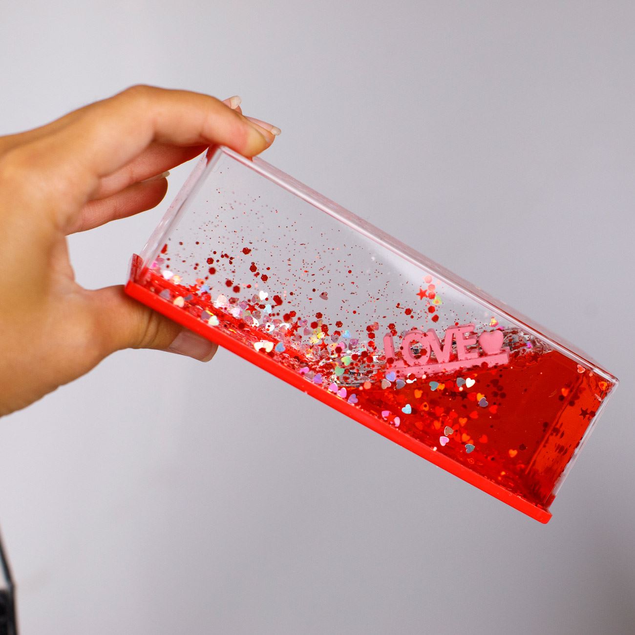 Jucarie cu Lichid cu Miscare Lenta Rosu Roz "Love" Inima cu Glitter & Confetti 15x5x5cm - poza 2
