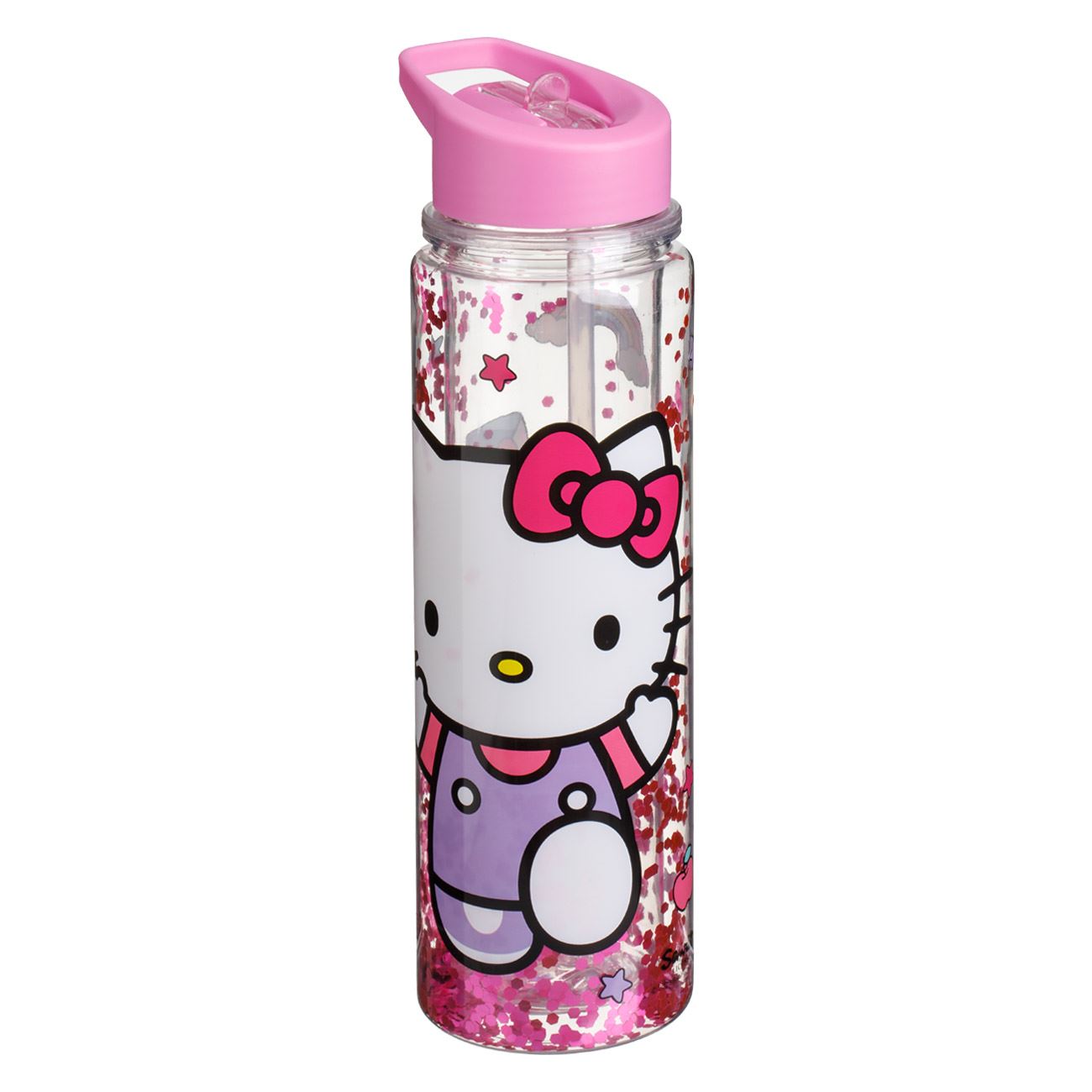 Sticla Apa Flip Top Transparenta cu Perete Dublu Capac Roz Hello Kitty Glitter pentru Copii 500ml