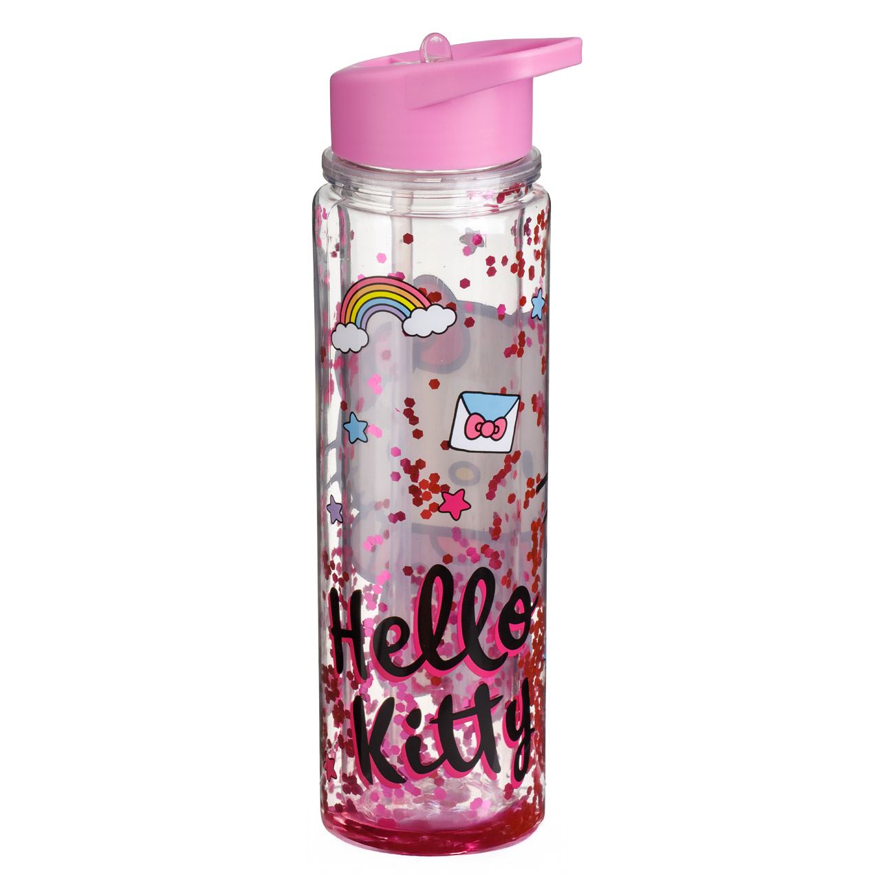 Sticla Apa Flip Top Transparenta cu Perete Dublu Capac Roz Hello Kitty Glitter pentru Copii 500ml - poza 3