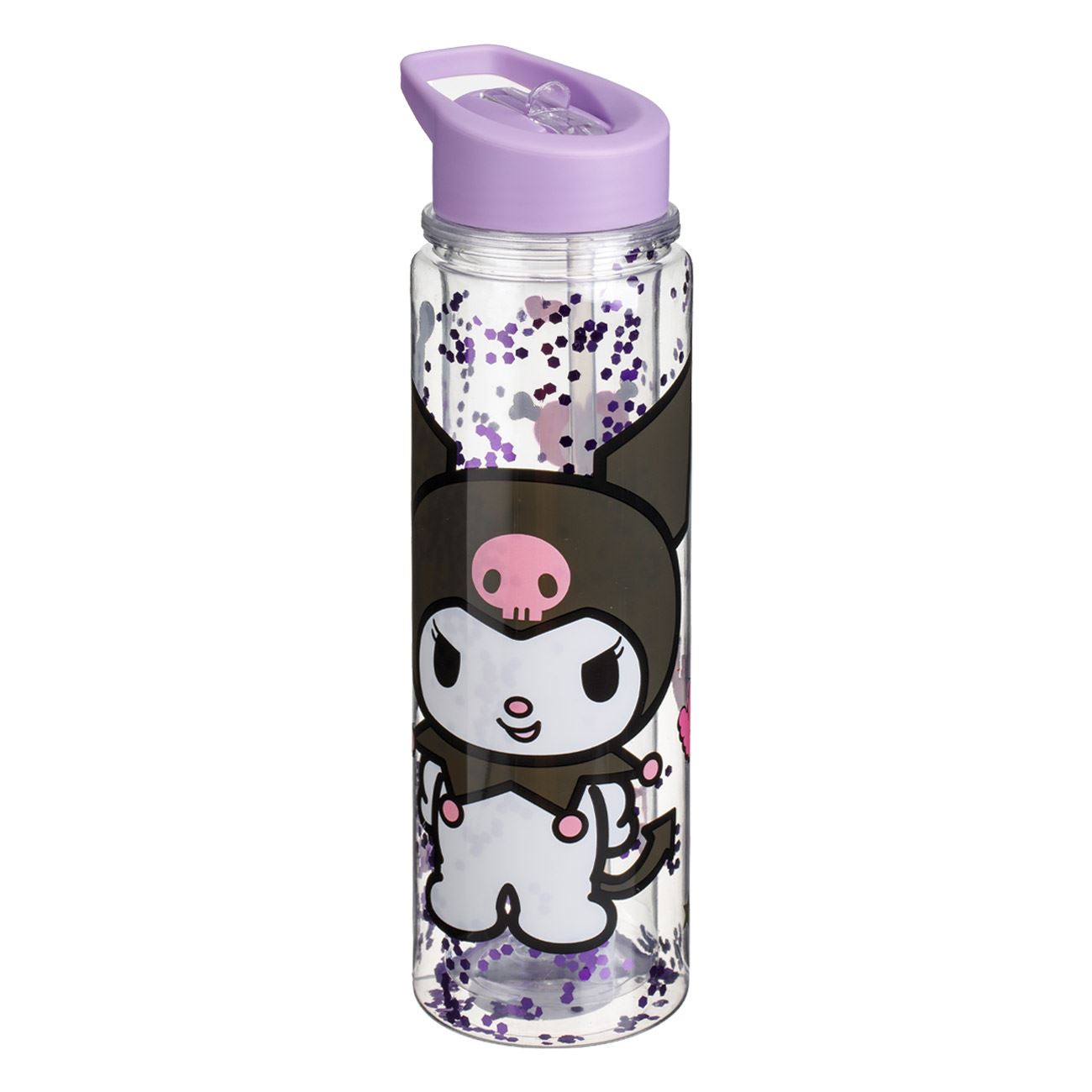 Sticla Apa Flip Top Transparent cu Perete Dublu Capac Lila Kuromi Glitter pentru Copii 500ml