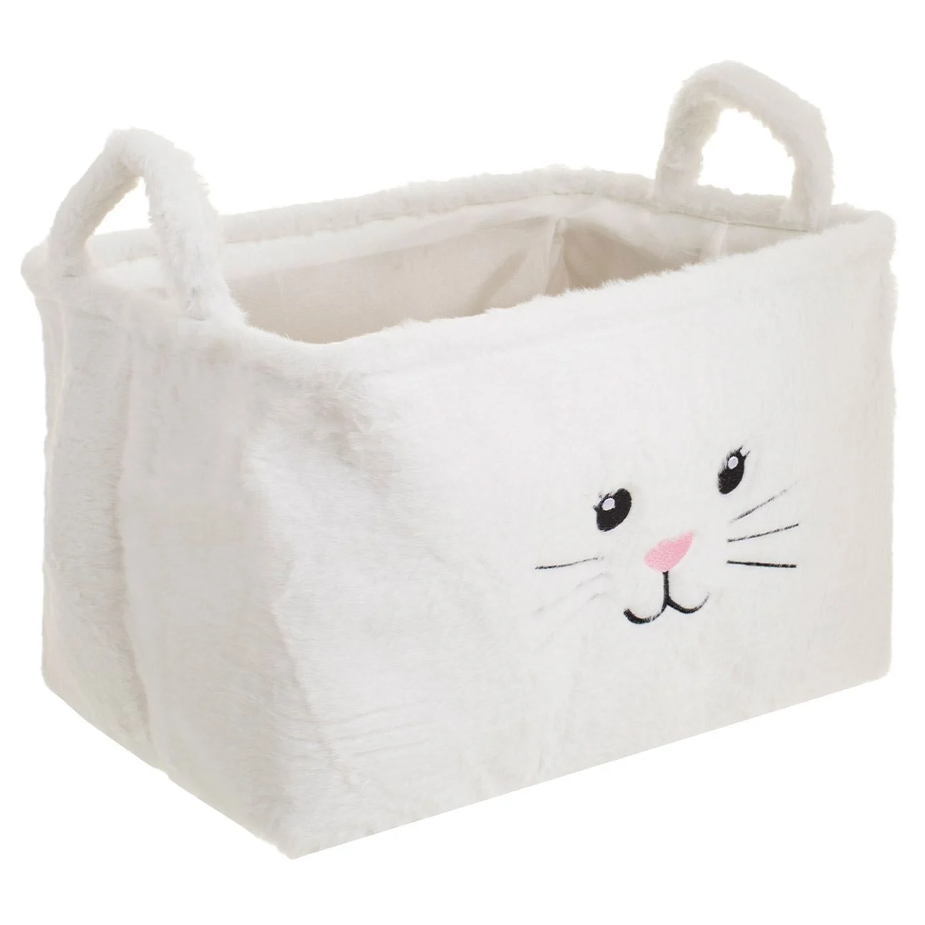 Cos de Depozitare Textil cu Blana Artificiala Alba Model Pisica 36x26x24cm