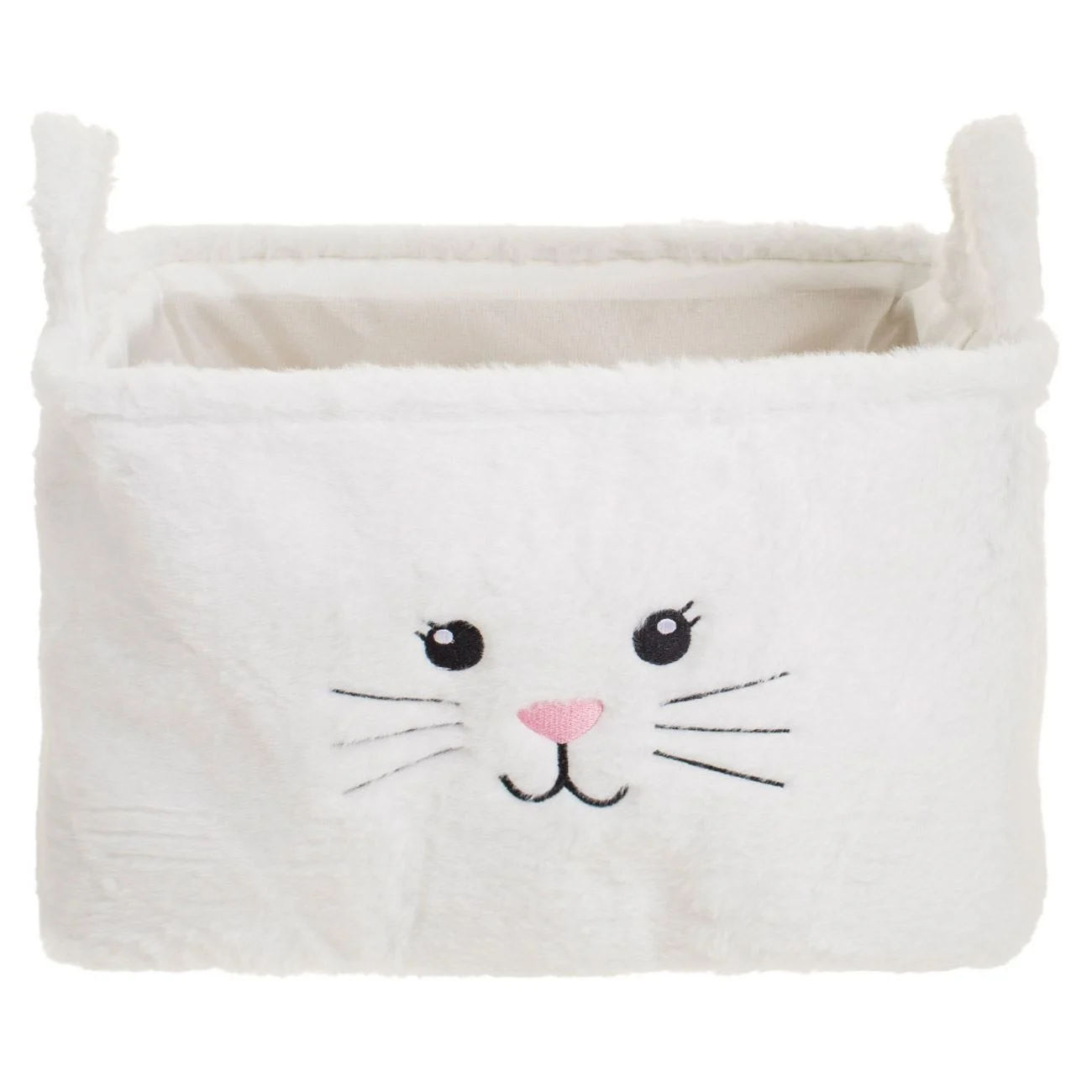 Cos de Depozitare Textil cu Blana Artificiala Alba Model Pisica 36x26x24cm - poza 2