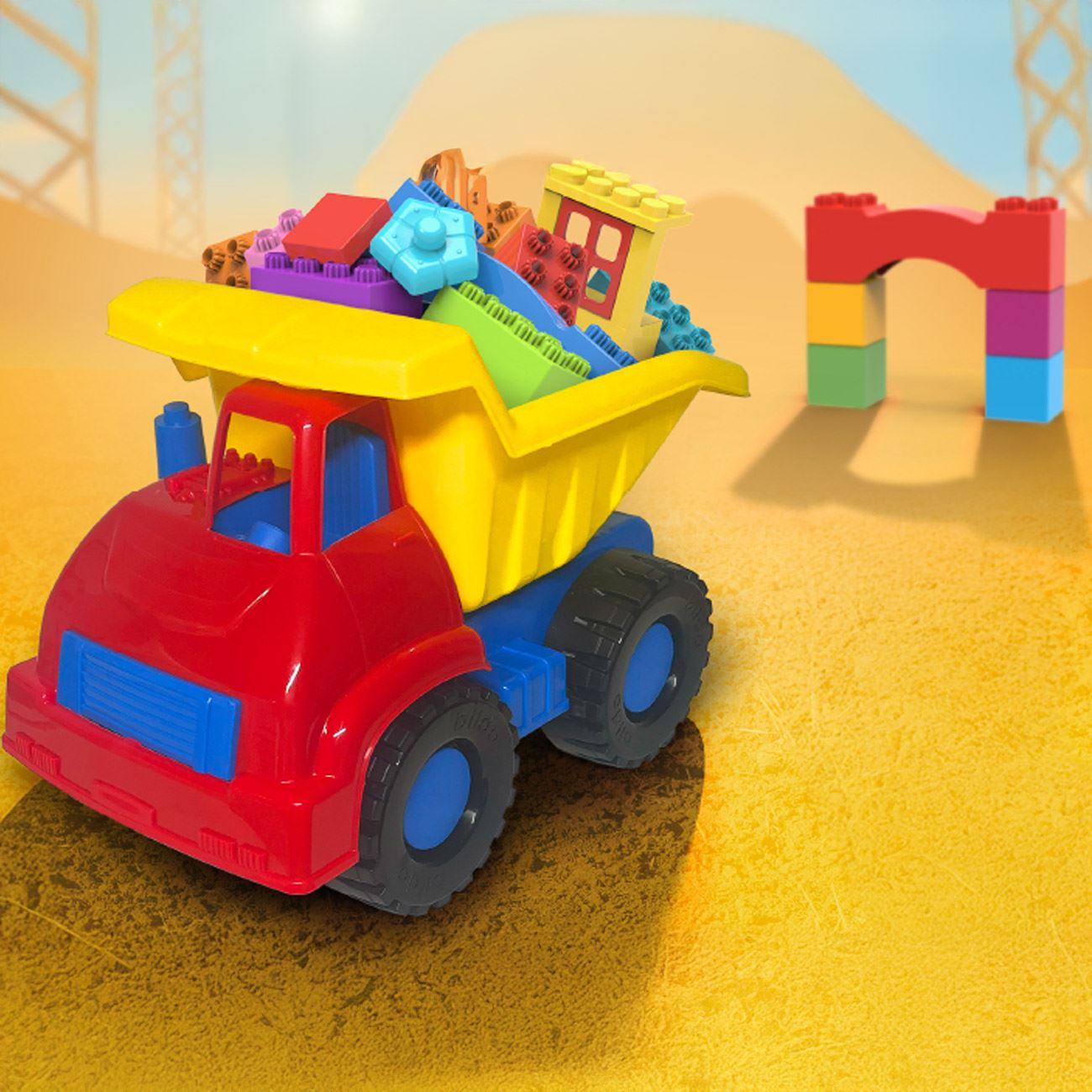 Camion Rosu Galben Albastru cu Caramizi Colorate (30 de piese) 32x20x25cm - poza 2