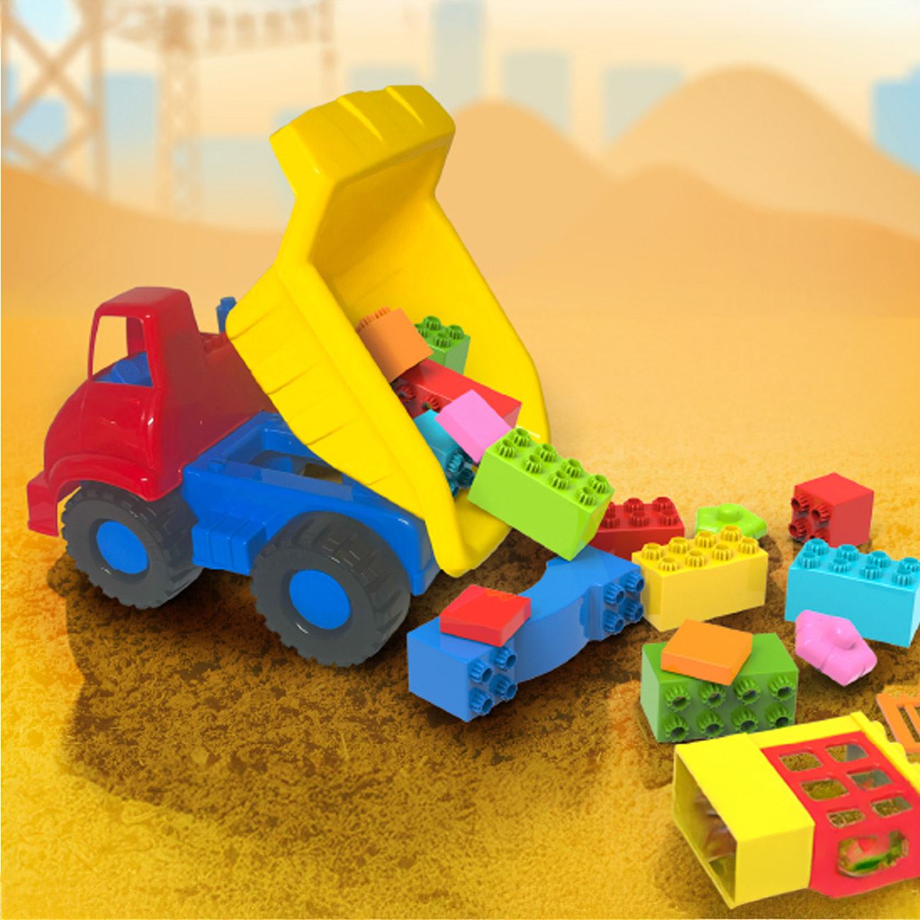 Camion Rosu Galben Albastru cu Caramizi Colorate (30 de piese) 32x20x25cm - poza 3